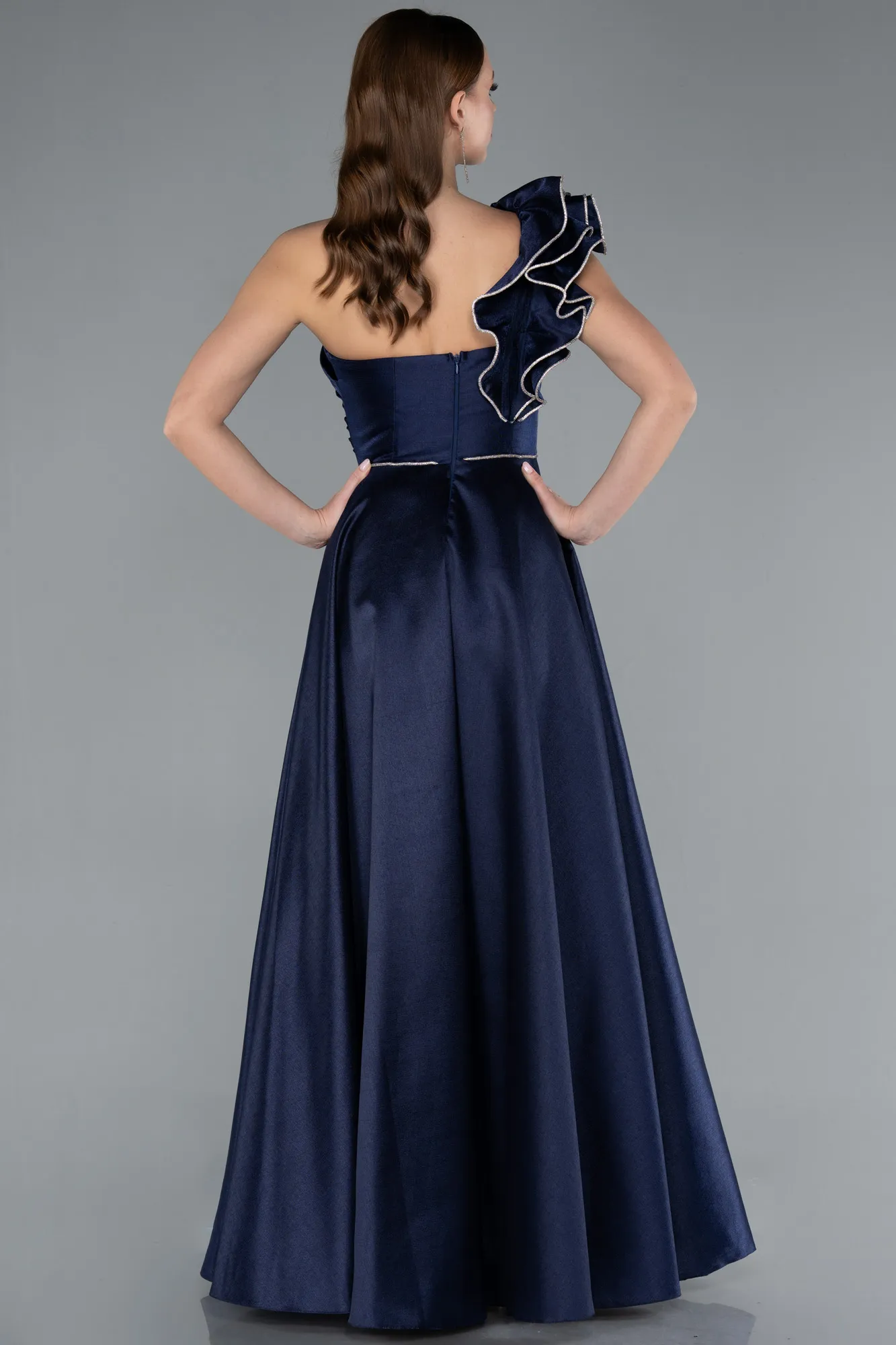 Navy Blue-One Shoulder High Slit Long Taffeta Prom Evening Dress ABU4782