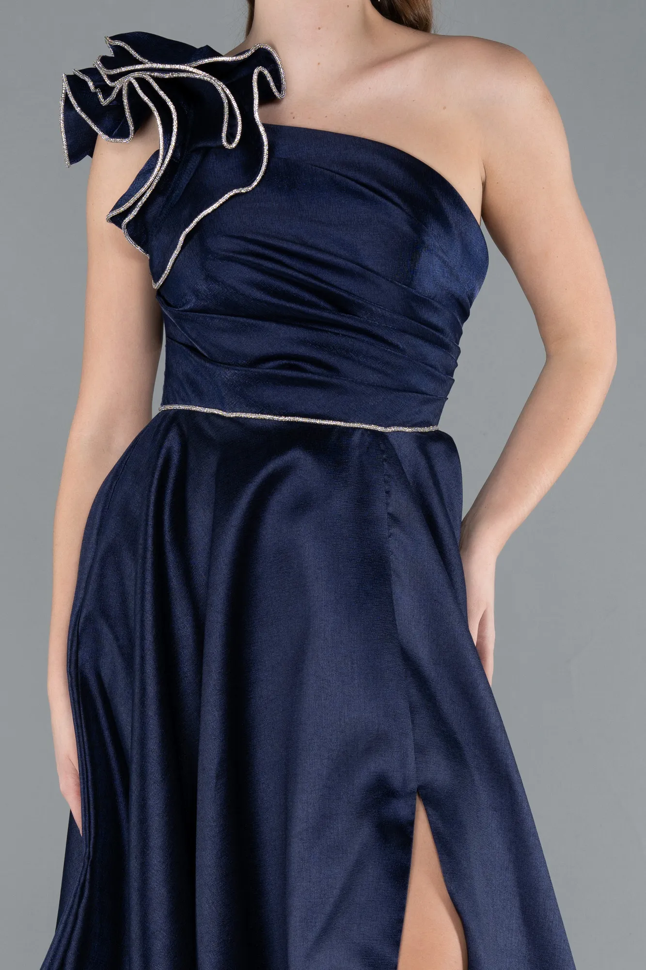 Navy Blue-One Shoulder High Slit Long Taffeta Prom Evening Dress ABU4782