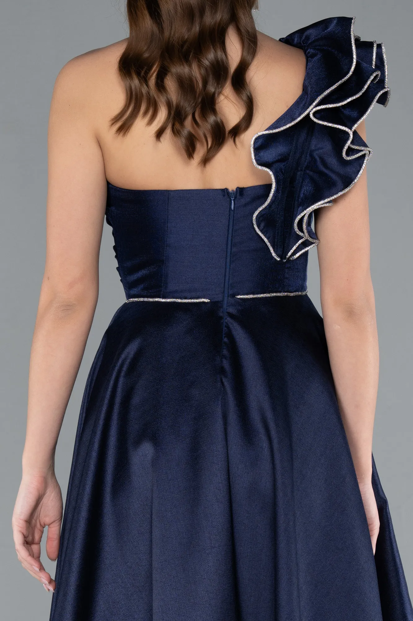 Navy Blue-One Shoulder High Slit Long Taffeta Prom Evening Dress ABU4782
