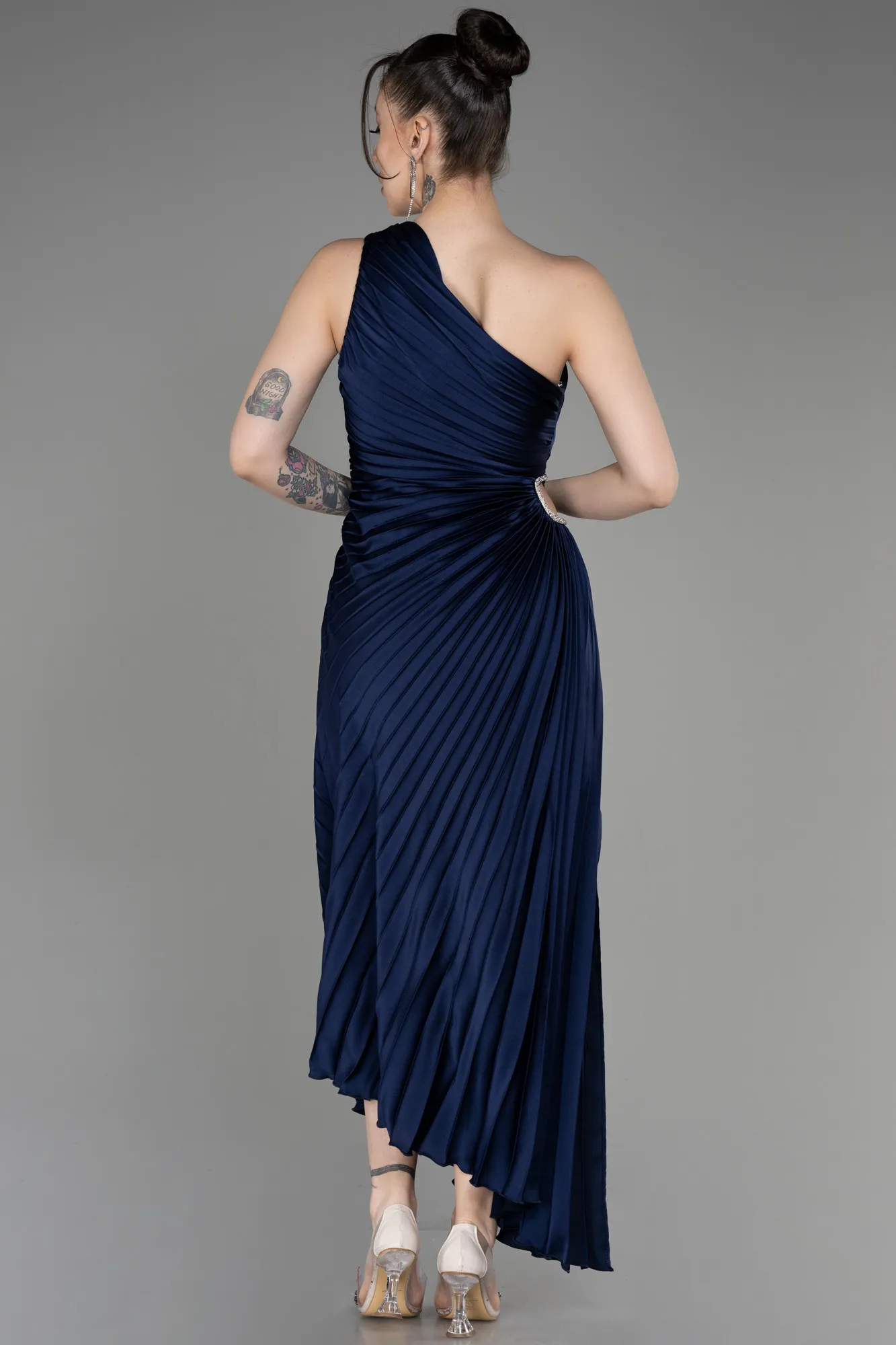 Navy Blue-One Shoulder Midi Satin Cocktail Dress ABK2046