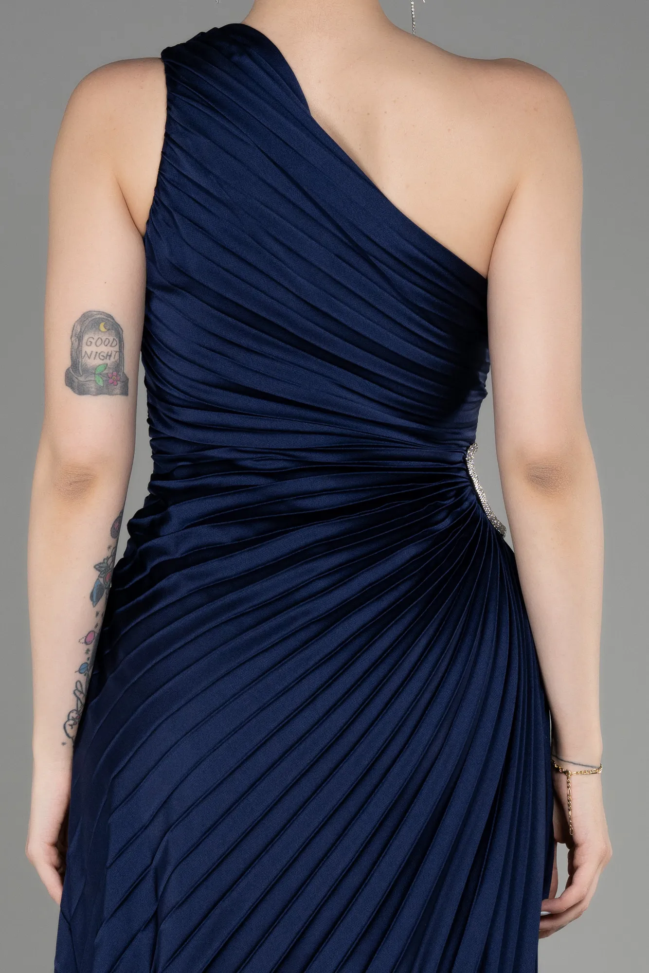 Navy Blue-One Shoulder Midi Satin Cocktail Dress ABK2046