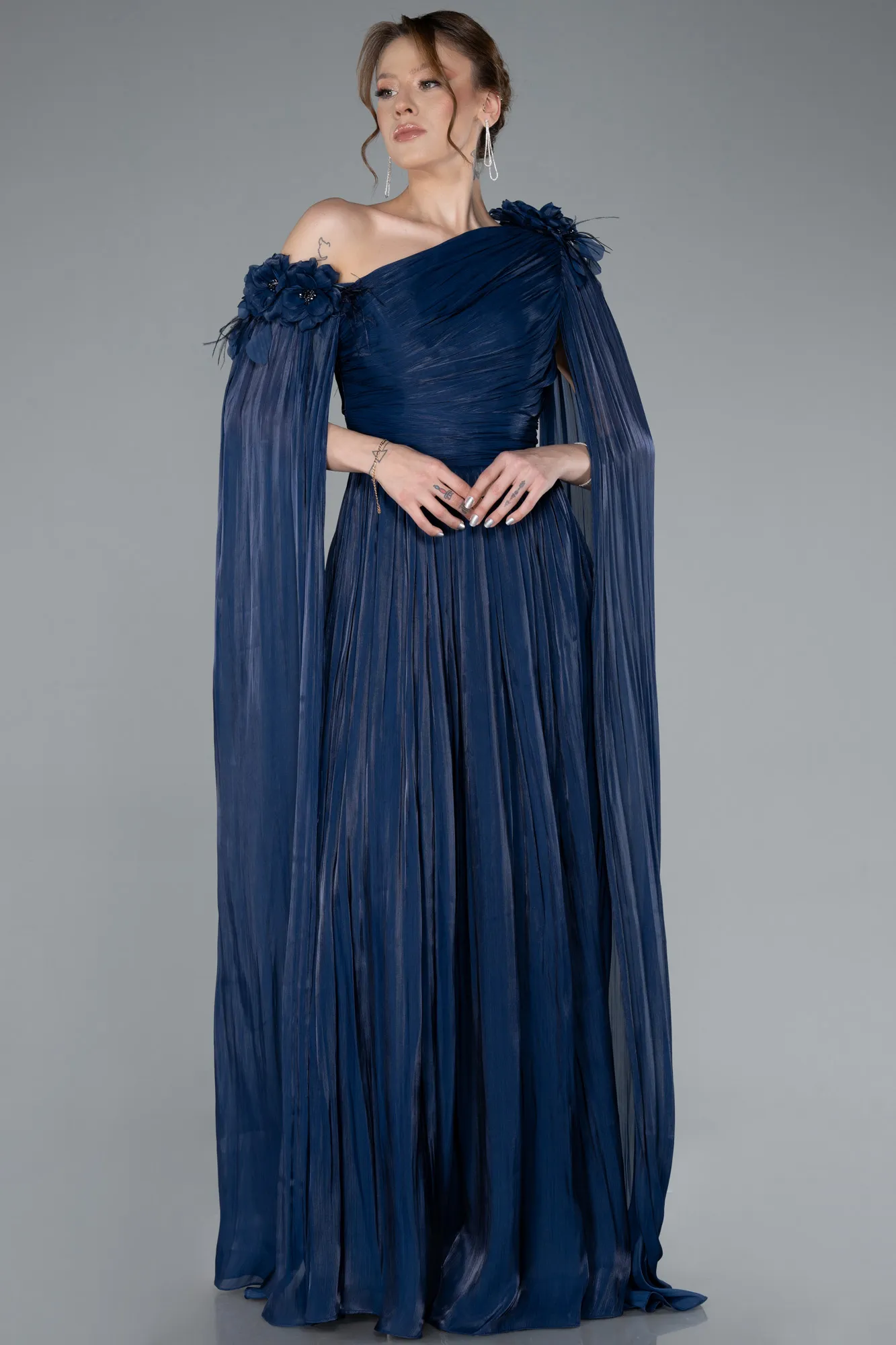 Navy Blue-One Shoulder Shawl Sleeve Long Chiffon Evening Dress ABU4809