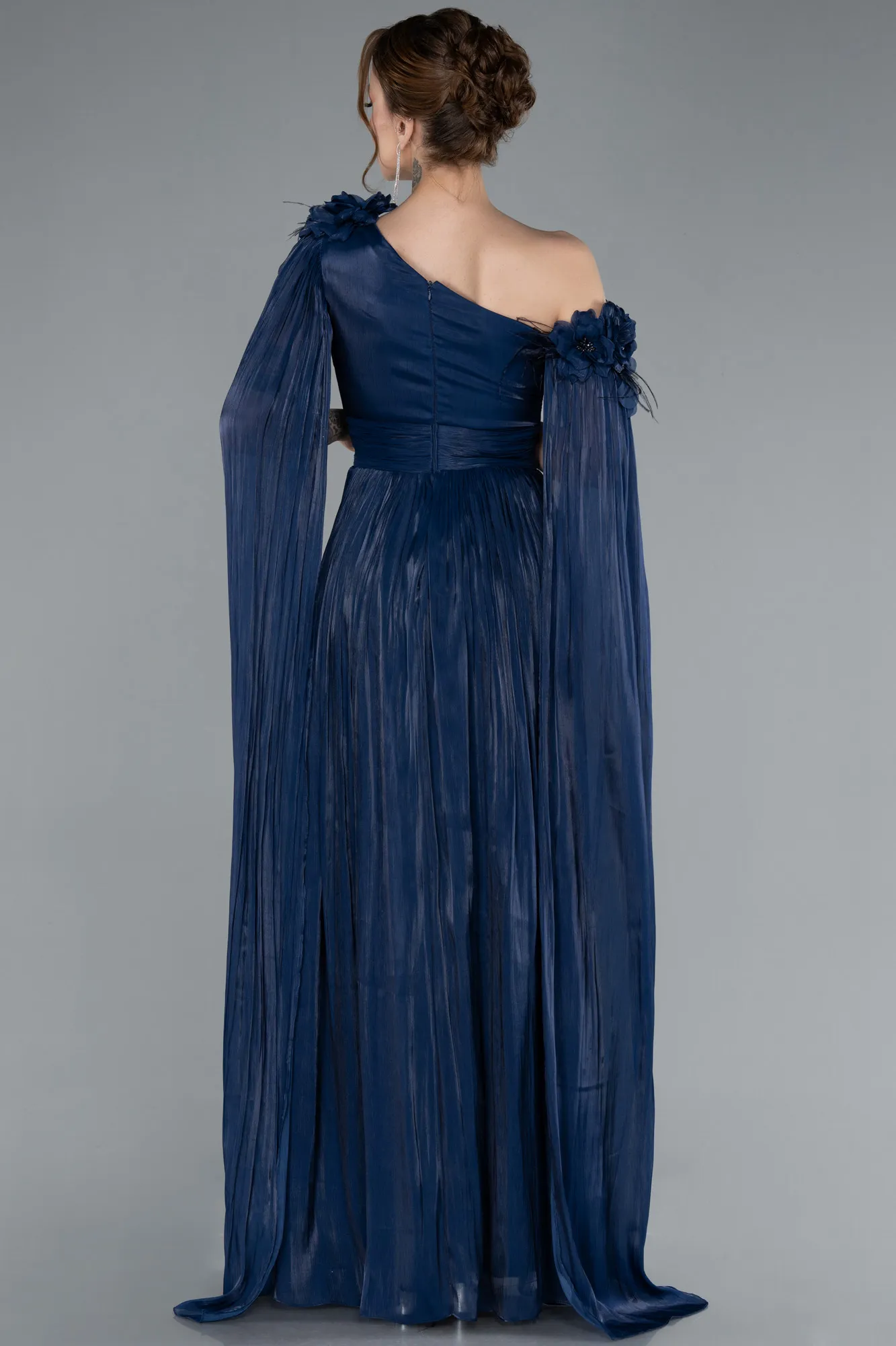 Navy Blue-One Shoulder Shawl Sleeve Long Chiffon Evening Dress ABU4809