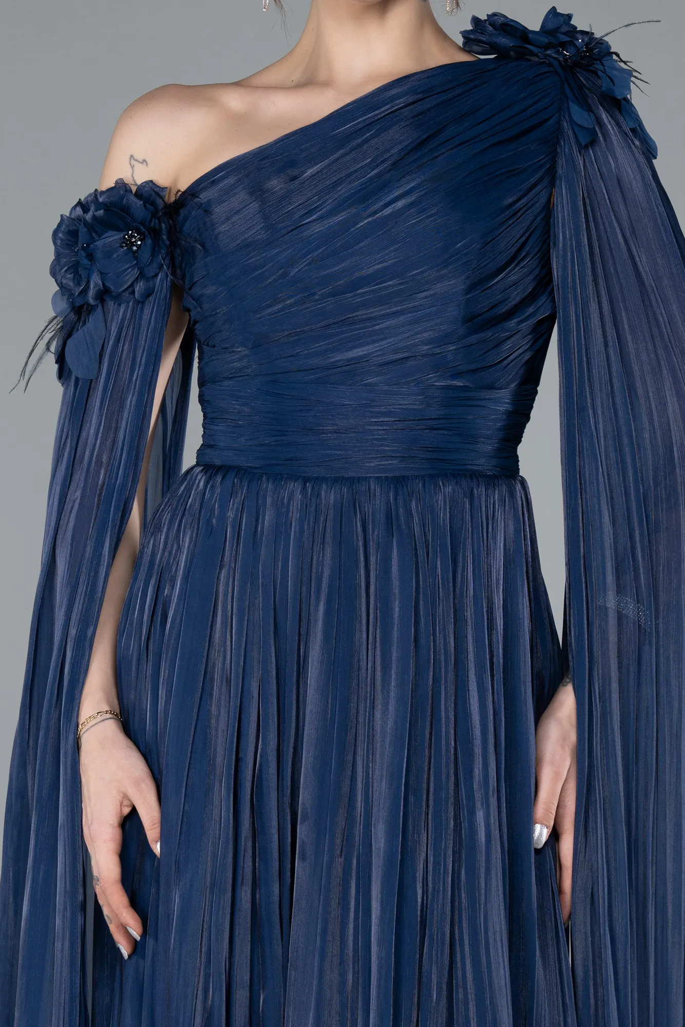 Navy Blue-One Shoulder Shawl Sleeve Long Chiffon Evening Dress ABU4809