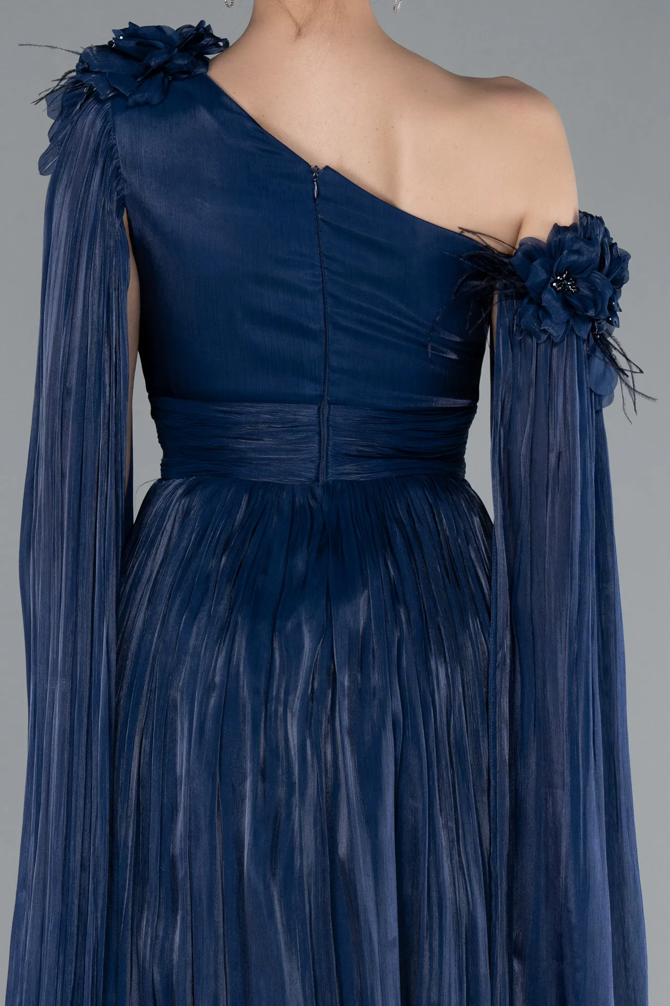 Navy Blue-One Shoulder Shawl Sleeve Long Chiffon Evening Dress ABU4809