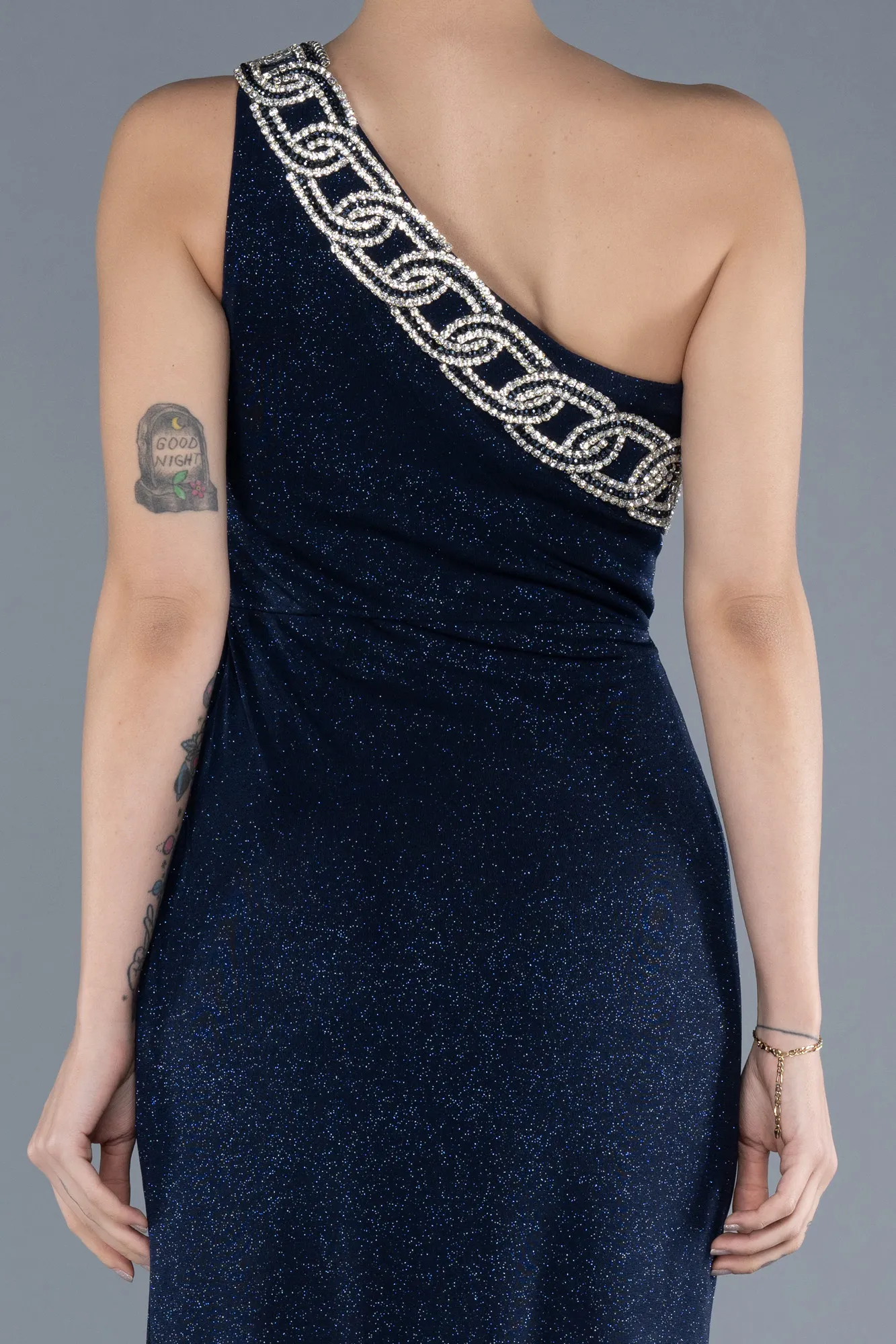 Navy Blue-One Shoulder Slit Glittered Long Prom Dress ABU4599