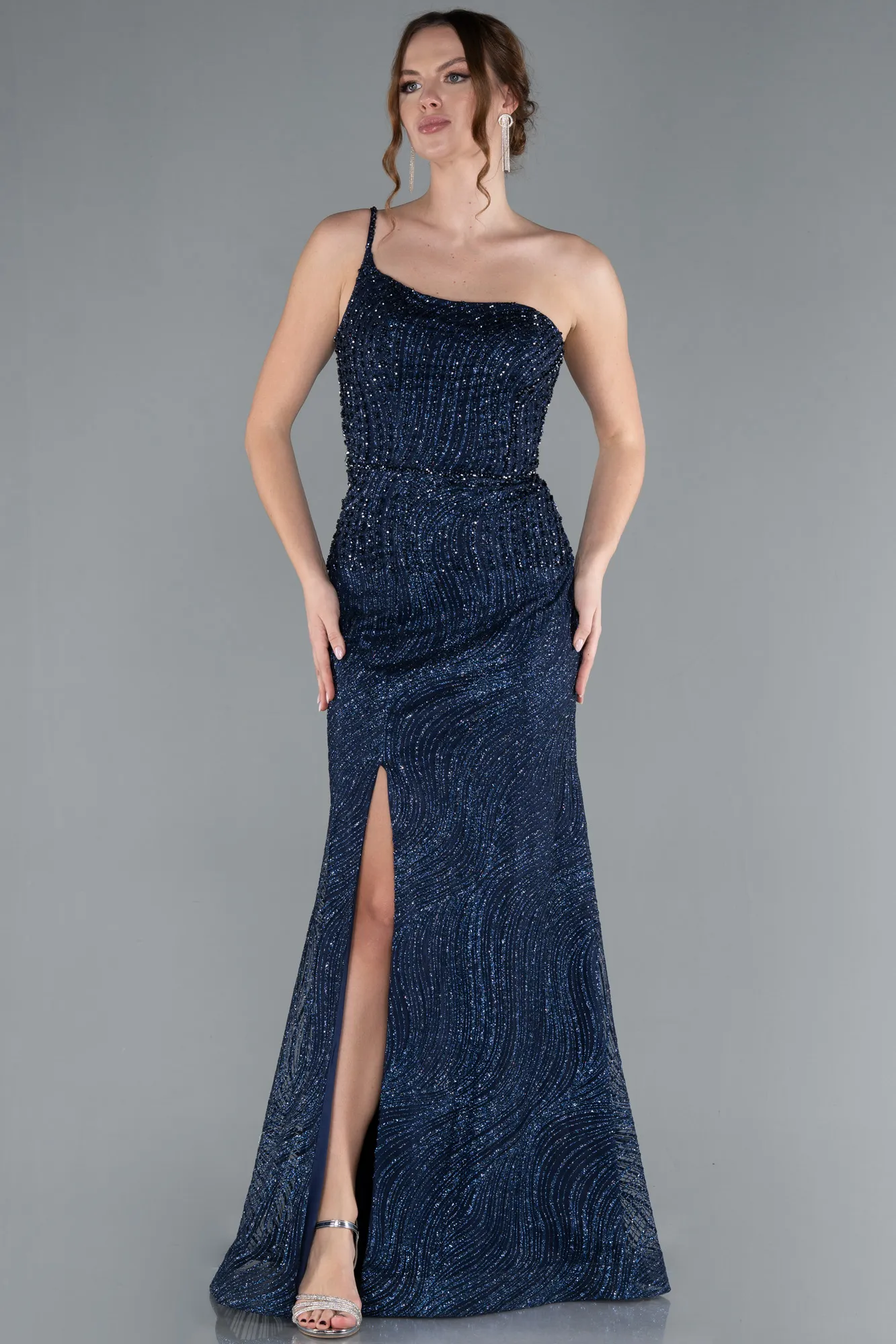 Navy Blue-One Shoulder Slit Long Glitter Evening Gown ABU4786