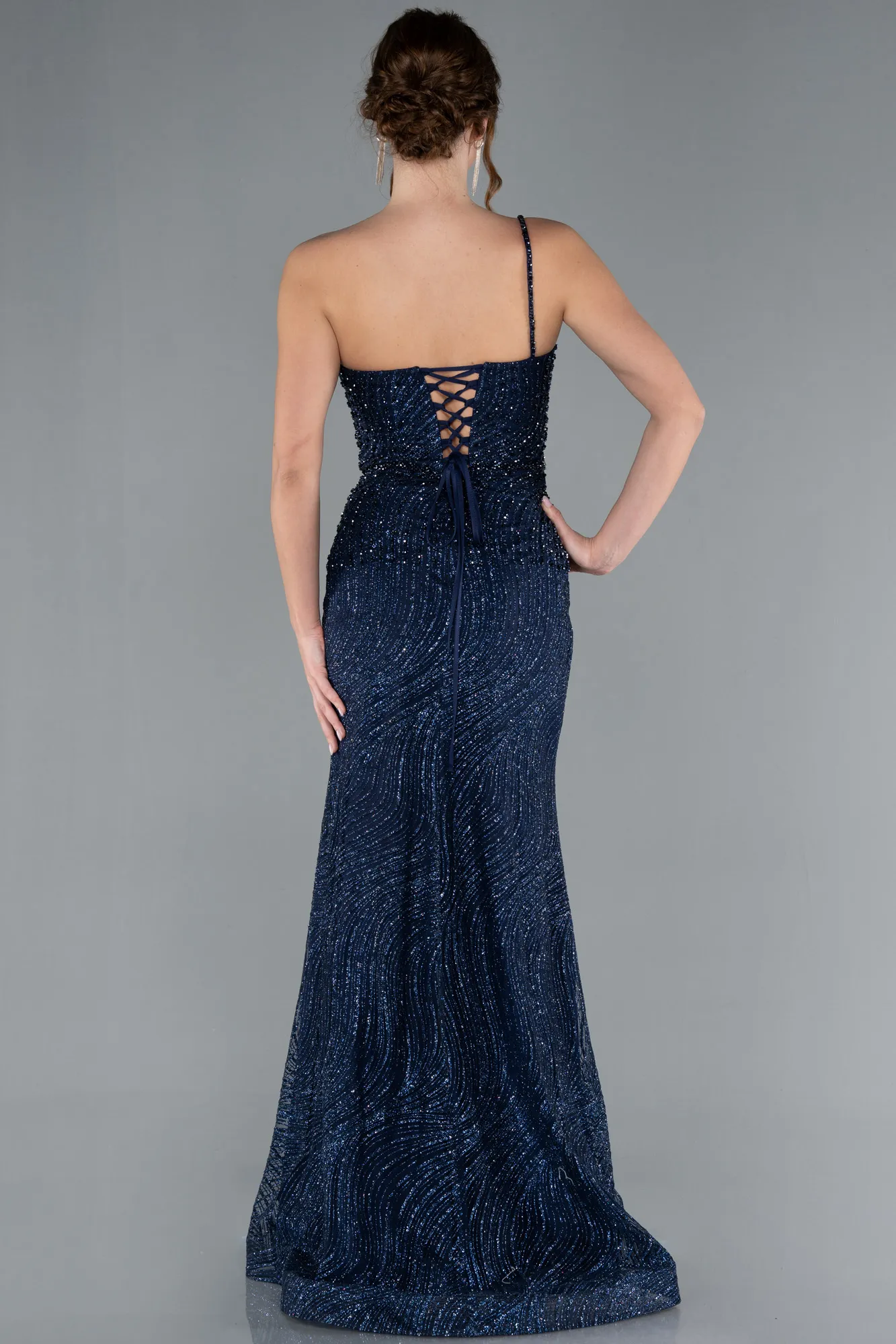 Navy Blue-One Shoulder Slit Long Glitter Evening Gown ABU4786
