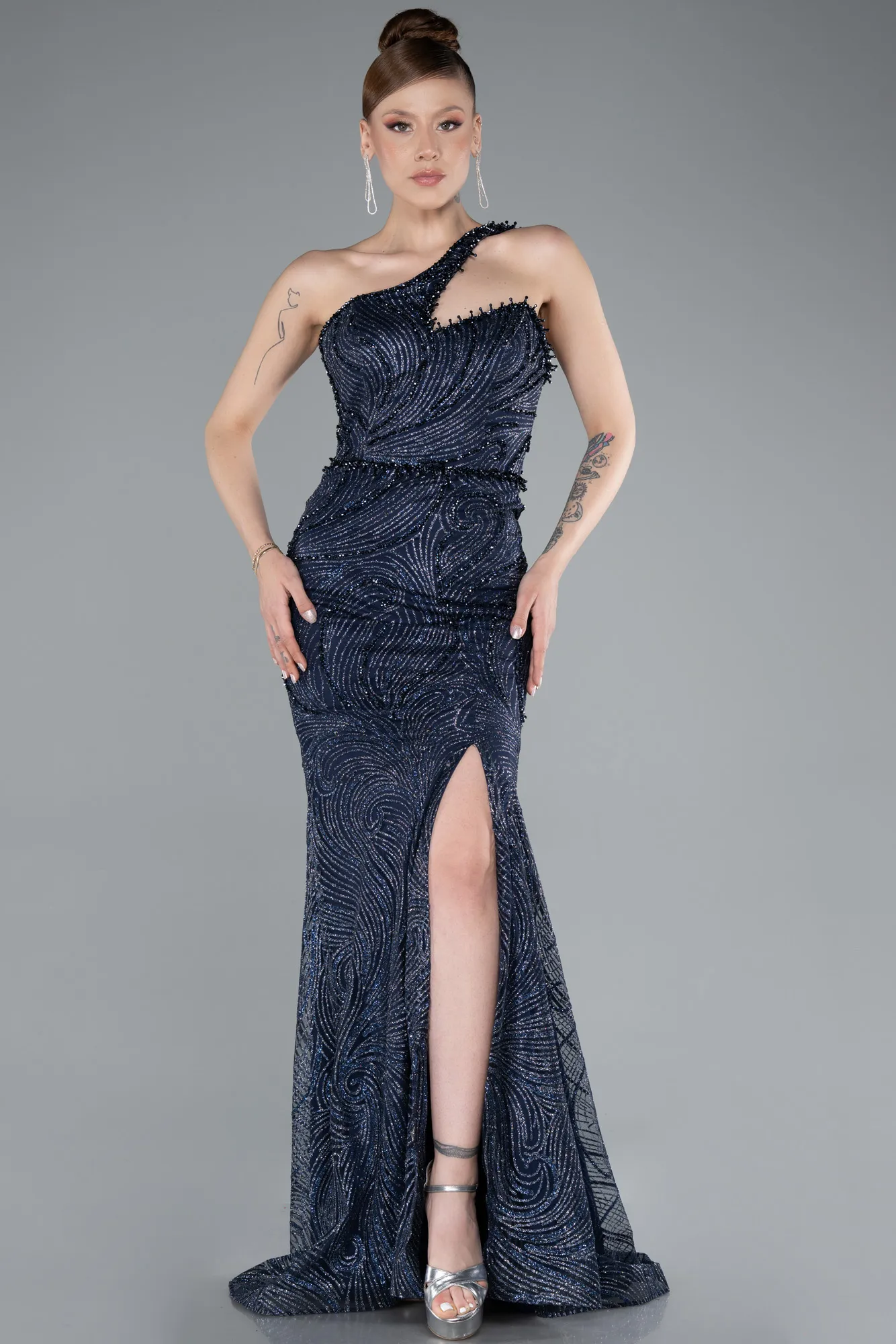 Navy Blue-One Shoulder Slit Long Glitter Mermaid Evening Gown ABU4697