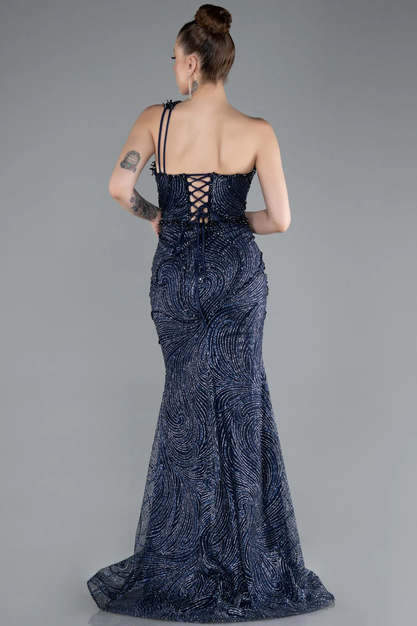 Navy Blue-One Shoulder Slit Long Glitter Mermaid Evening Gown ABU4697