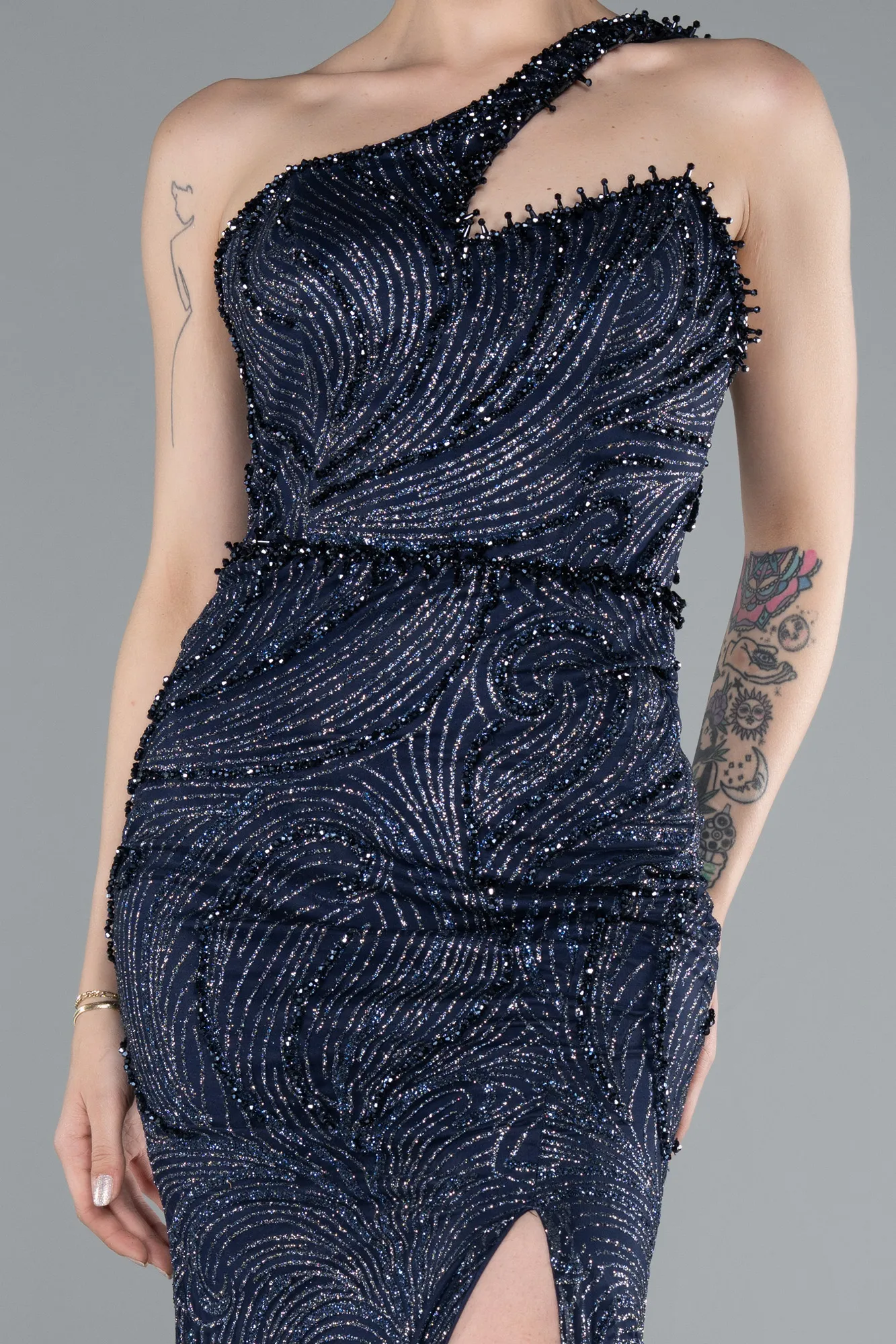 Navy Blue-One Shoulder Slit Long Glitter Mermaid Evening Gown ABU4697