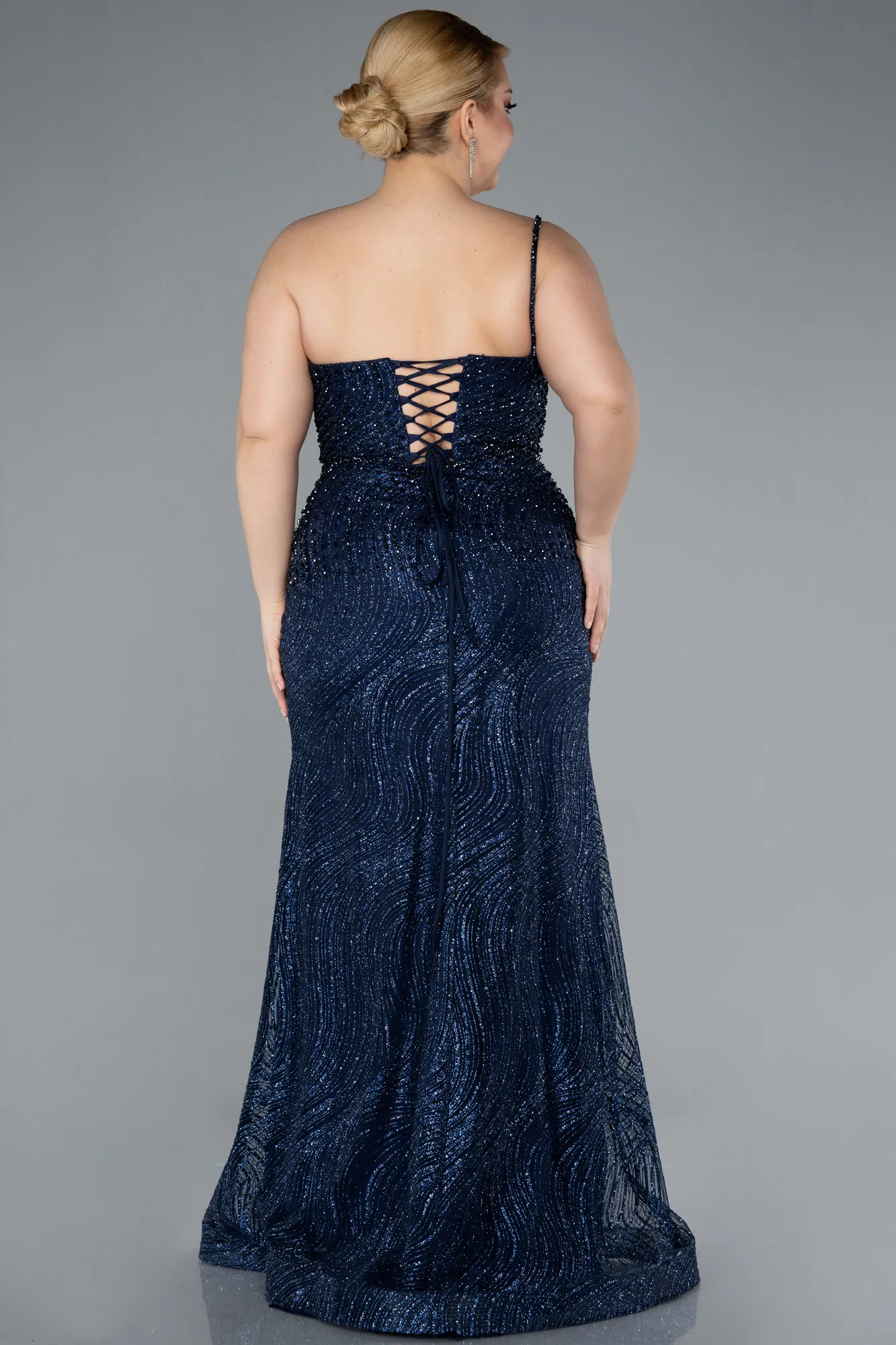 Navy Blue-One Shoulder Slit Long Glitter Plus Size Evening Gown ABU4787
