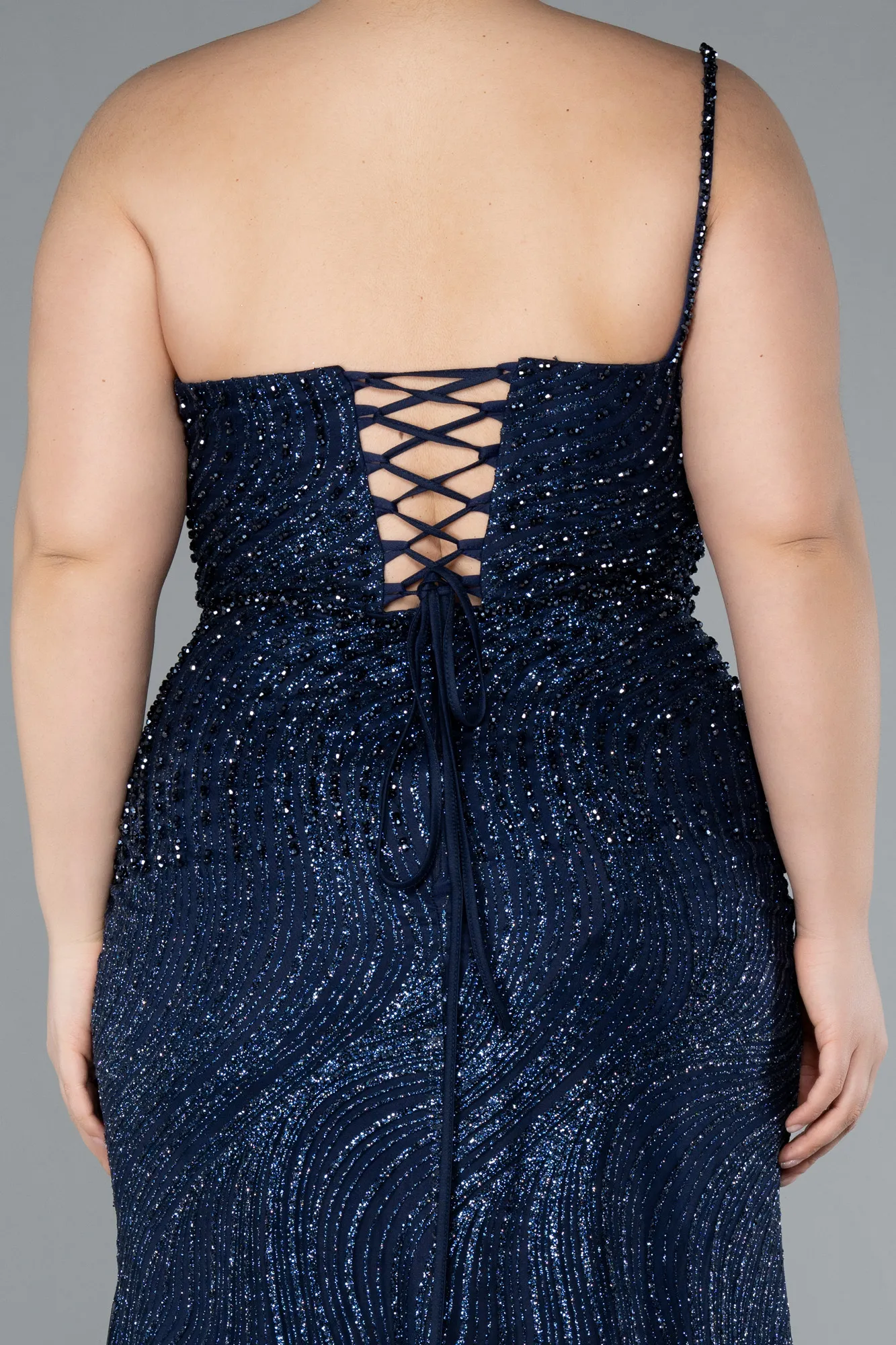 Navy Blue-One Shoulder Slit Long Glitter Plus Size Evening Gown ABU4787