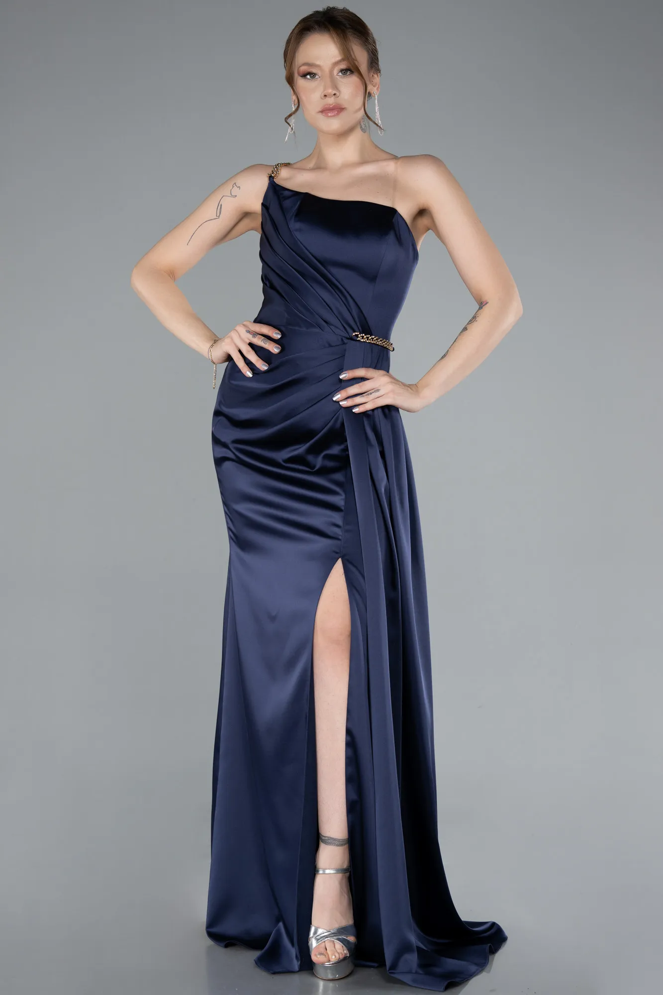 Navy Blue-One Shoulder Slit Long Satin Evening Dress ABU4802