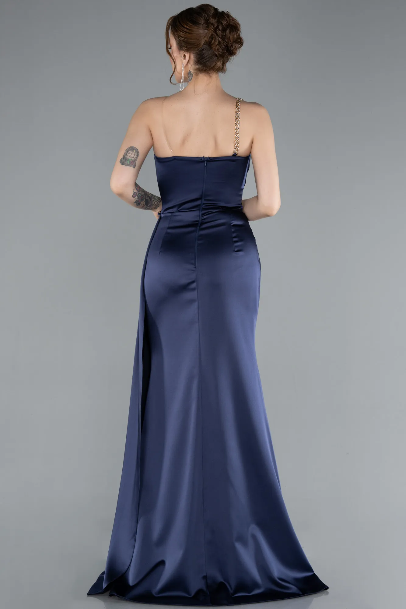 Navy Blue-One Shoulder Slit Long Satin Evening Dress ABU4802