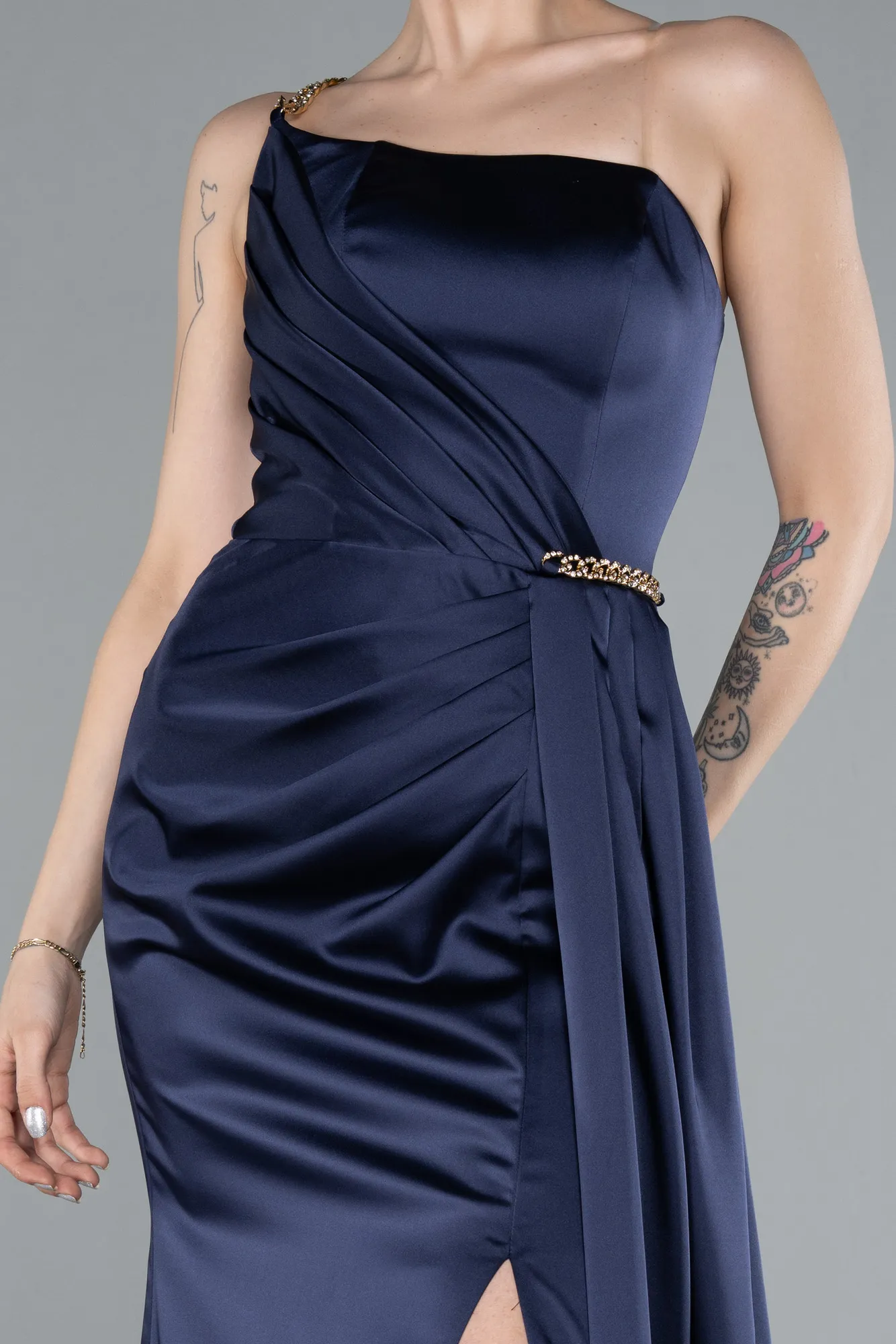 Navy Blue-One Shoulder Slit Long Satin Evening Dress ABU4802