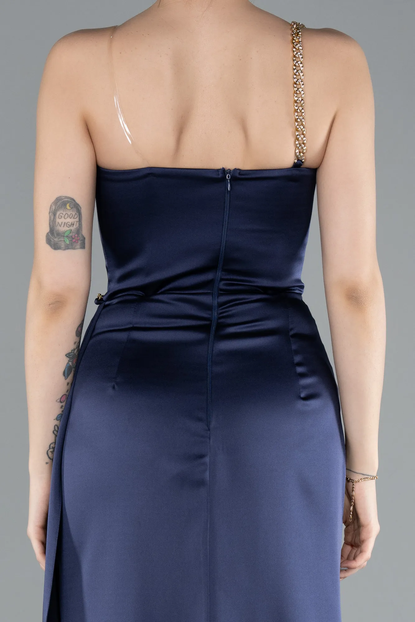 Navy Blue-One Shoulder Slit Long Satin Evening Dress ABU4802