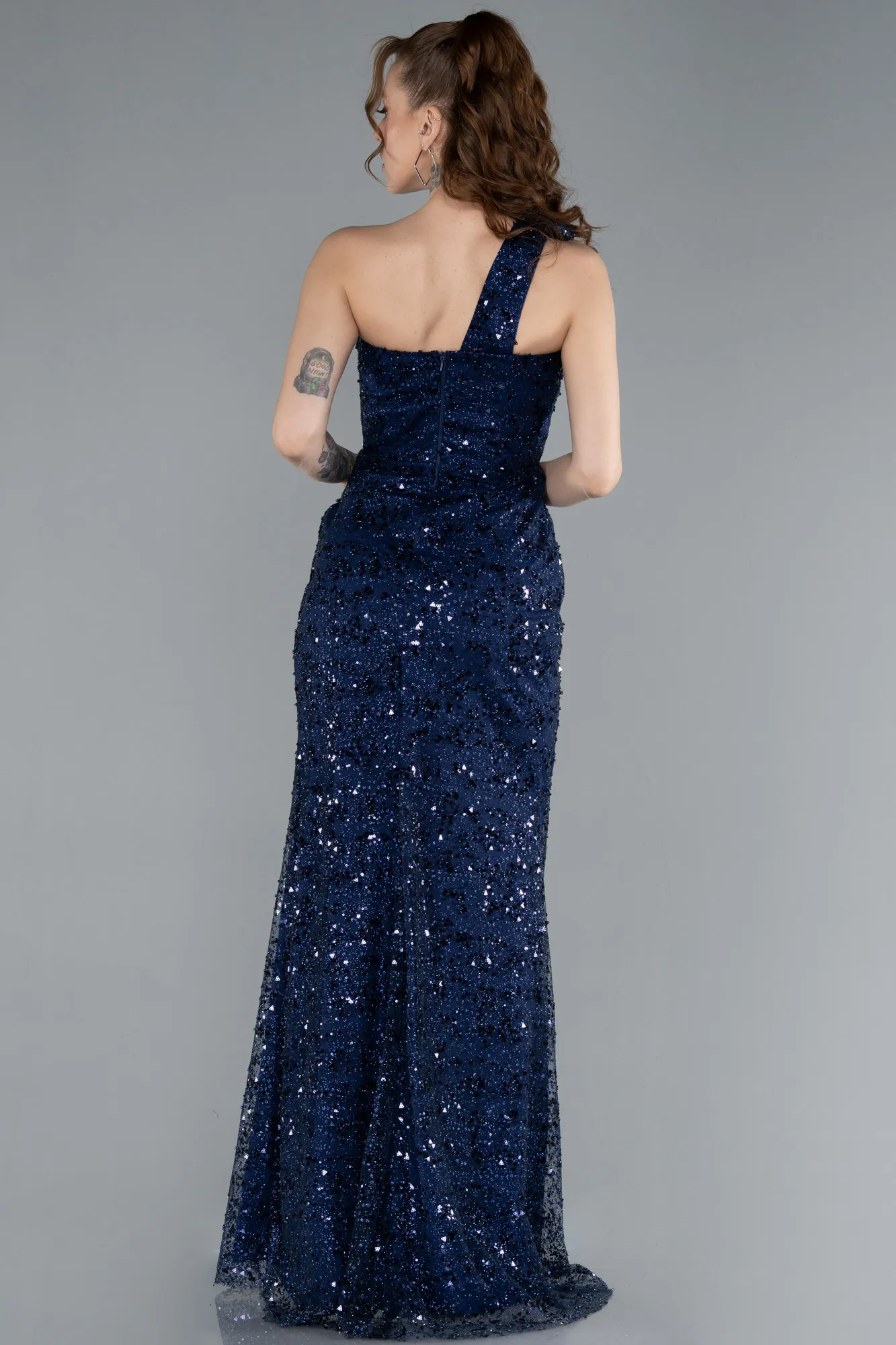 Navy Blue-One Shoulder Slit Long Sequin Evening Gown ABU4694