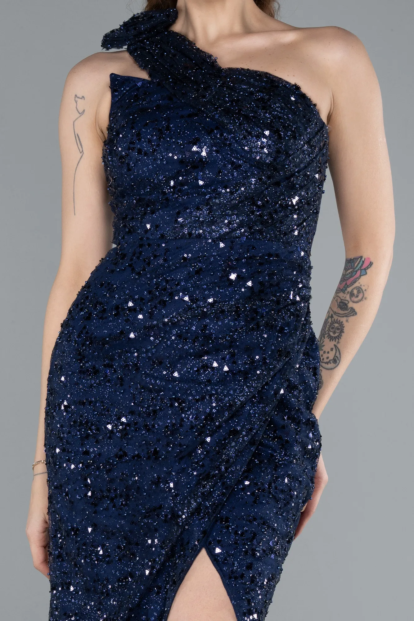 Navy Blue-One Shoulder Slit Long Sequin Evening Gown ABU4694