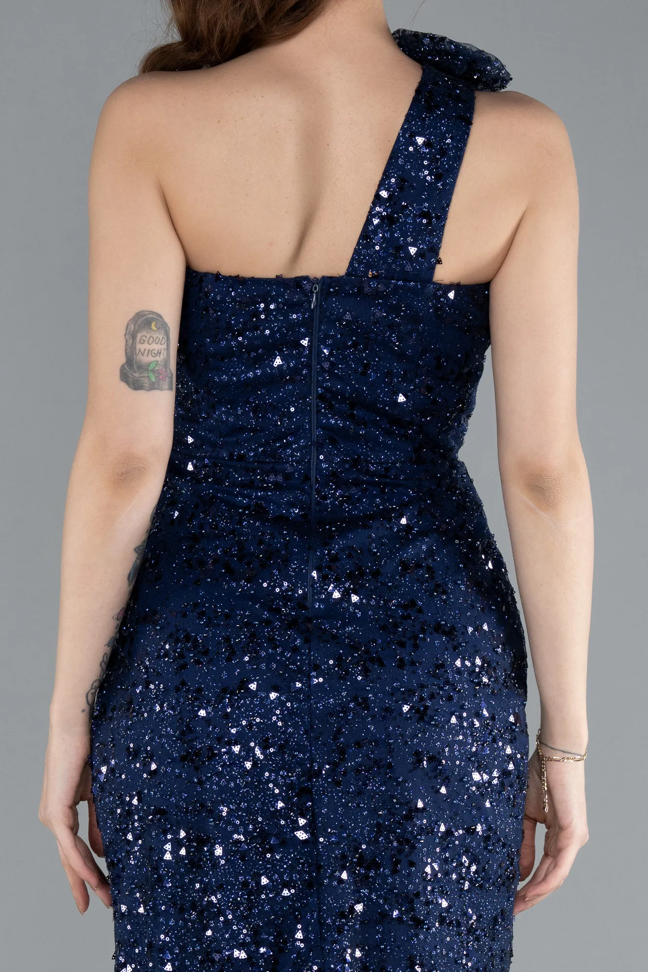 Navy Blue-One Shoulder Slit Long Sequin Evening Gown ABU4694