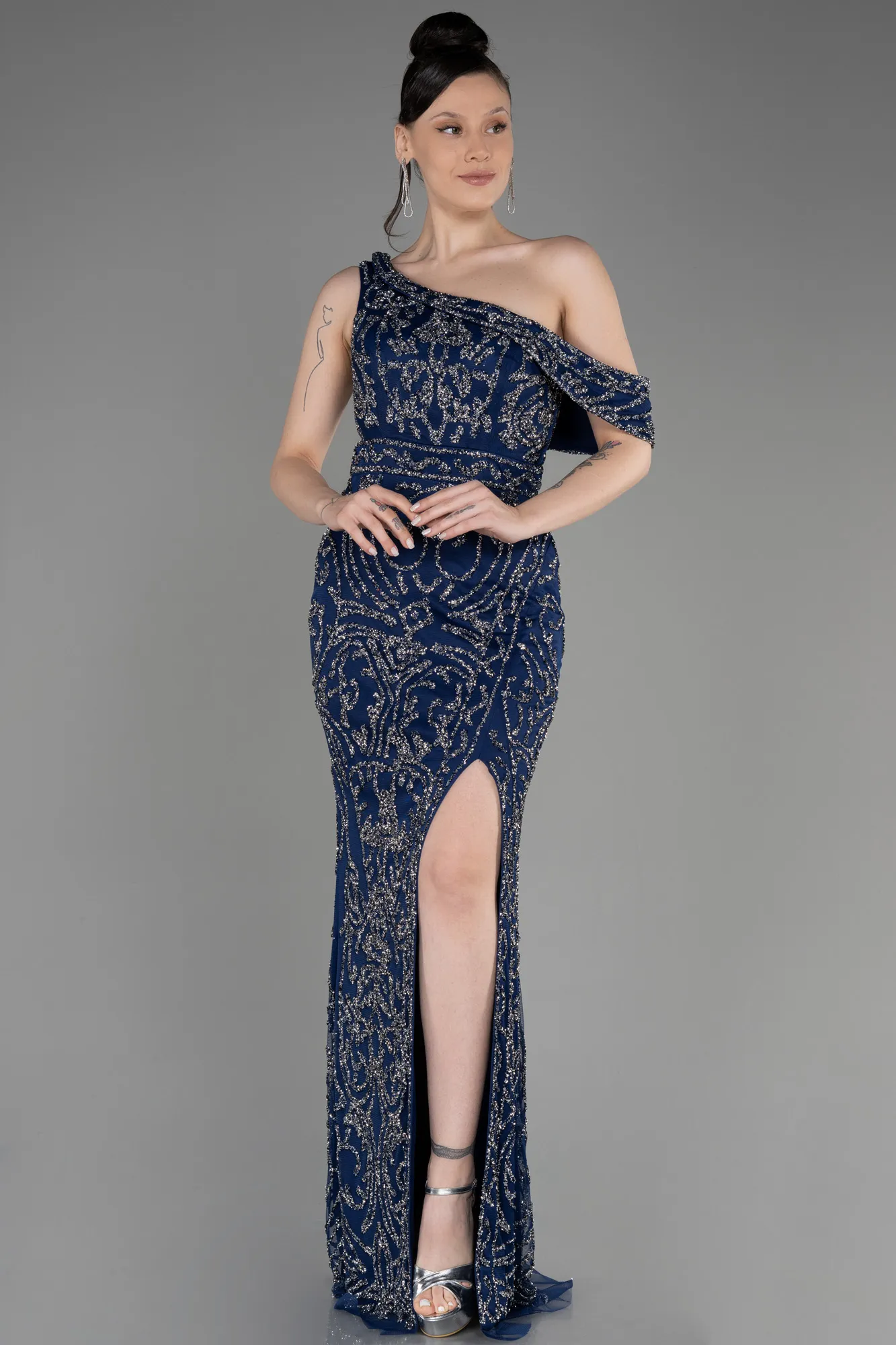 Navy Blue-One Shoulder Slit Stony Long Evening Gown ABU3853