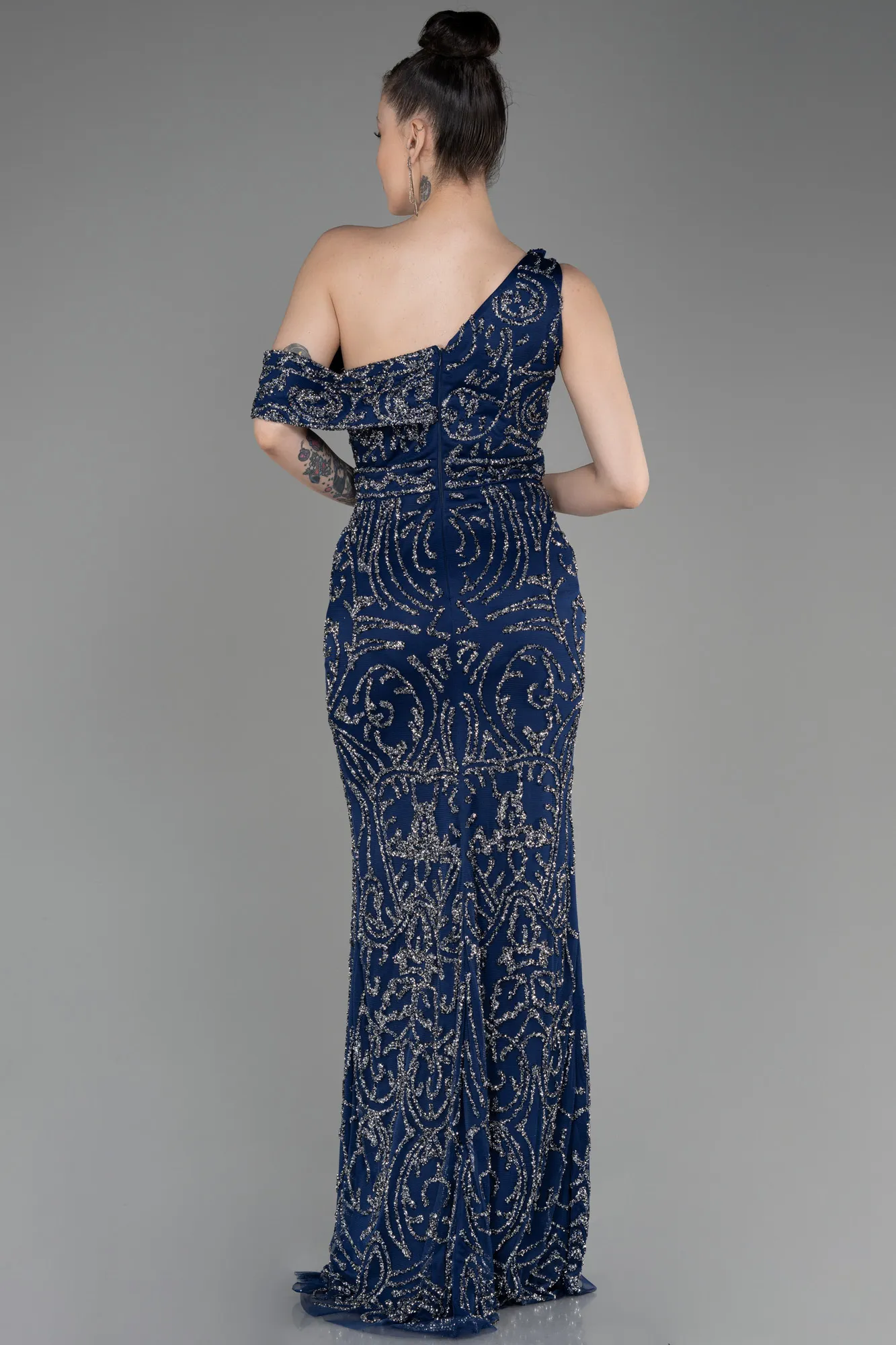 Navy Blue-One Shoulder Slit Stony Long Evening Gown ABU3853