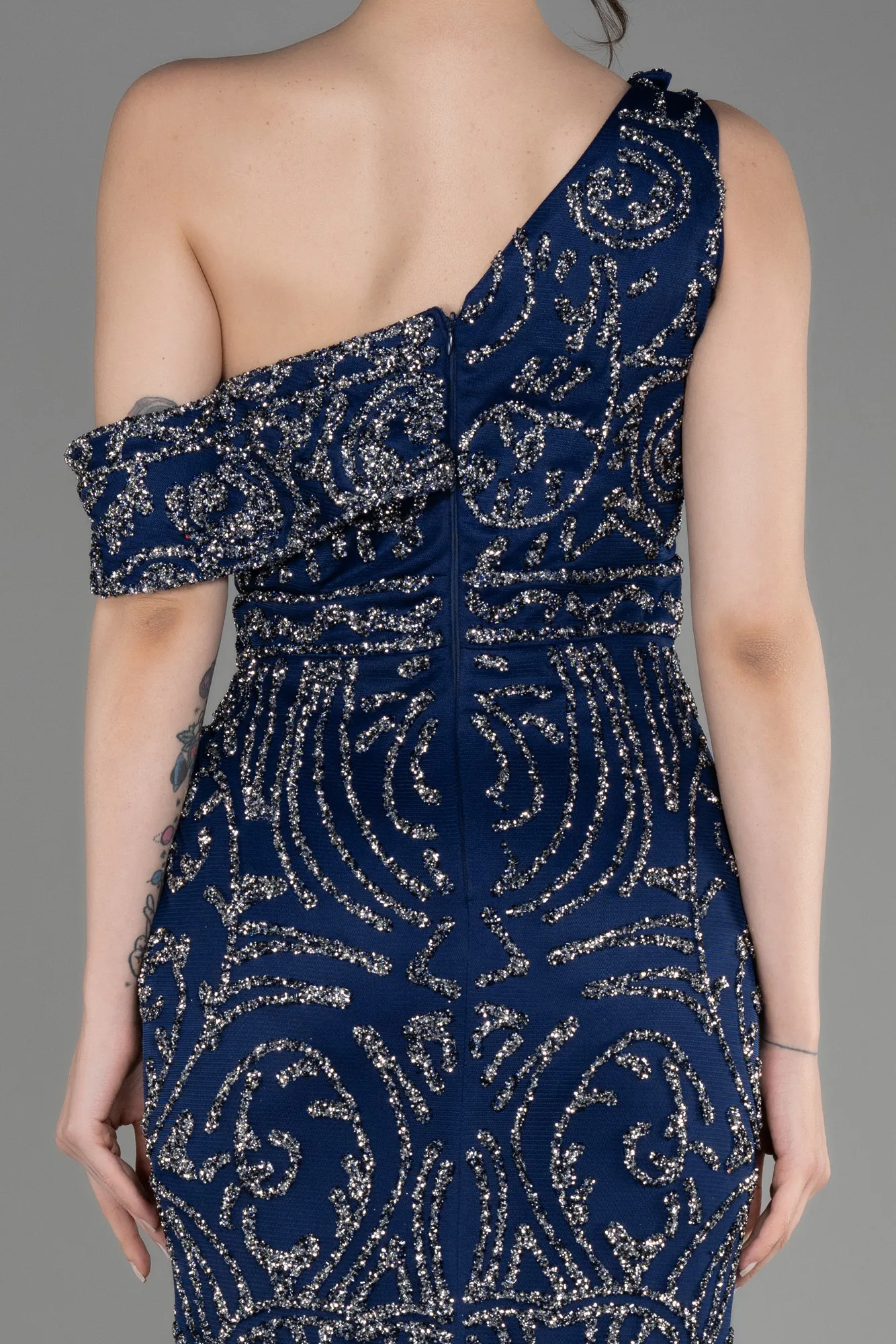 Navy Blue-One Shoulder Slit Stony Long Evening Gown ABU3853