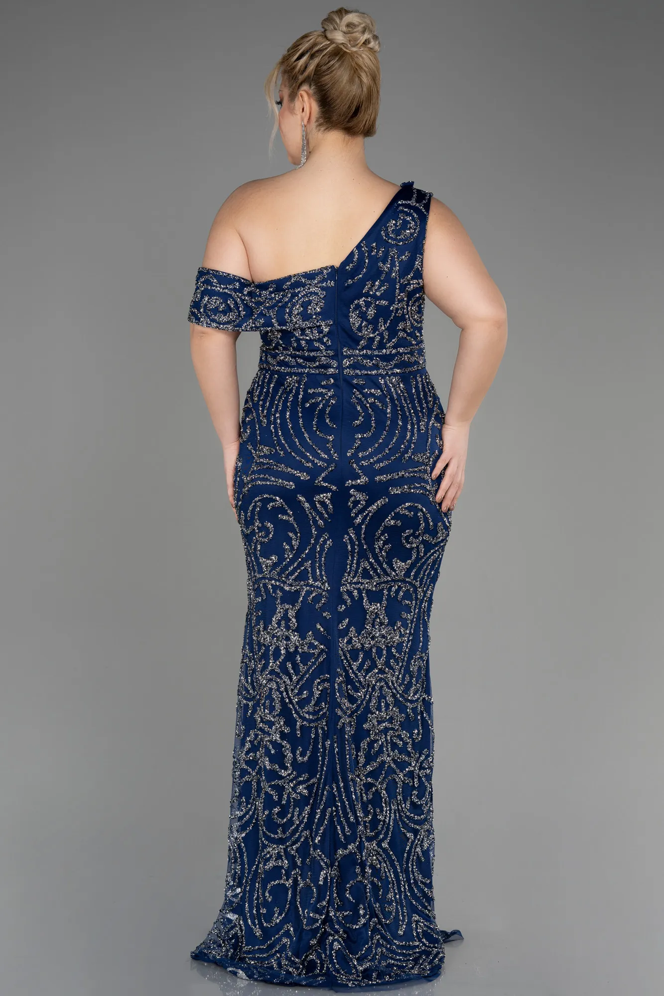 Navy Blue-One Shoulder Stony Long Plus Size Evening Gown ABU3854