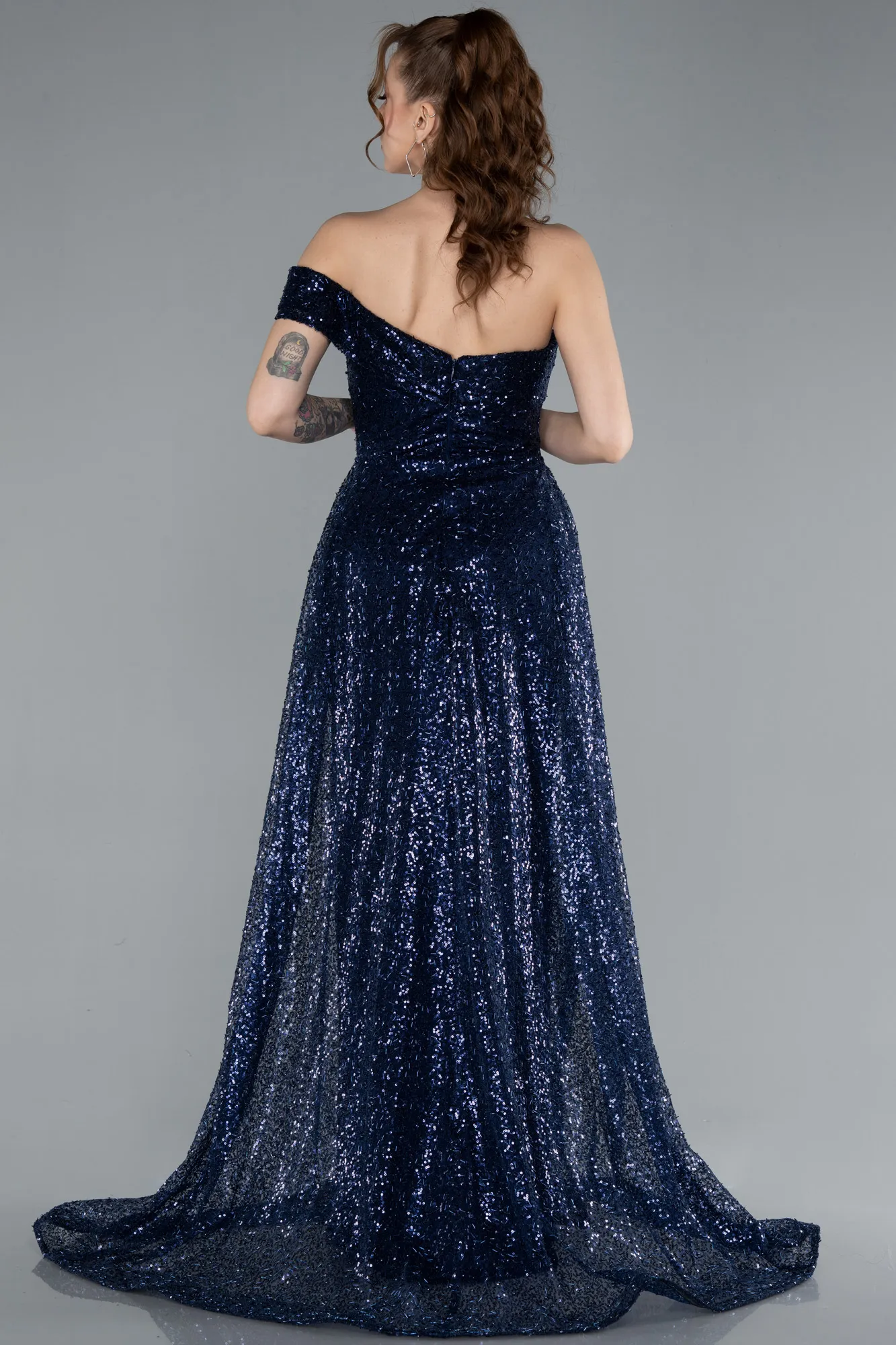 Navy Blue-One Shoulder Taıled Sequined Long Evening Gown ABU4691