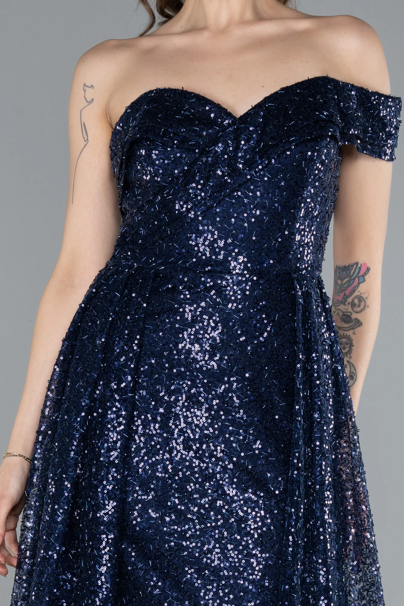 Navy Blue-One Shoulder Taıled Sequined Long Evening Gown ABU4691