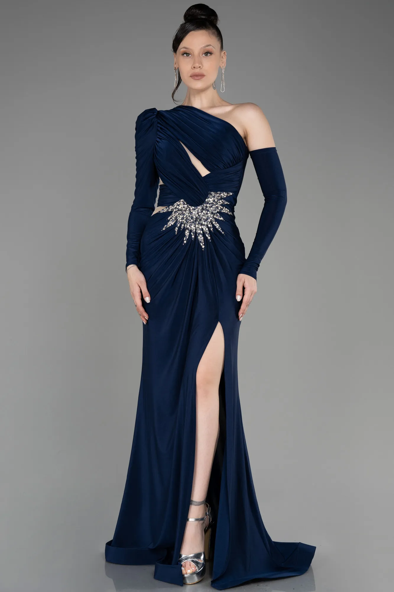 Navy Blue-One Sleeve Long Evening Dress ABU3851