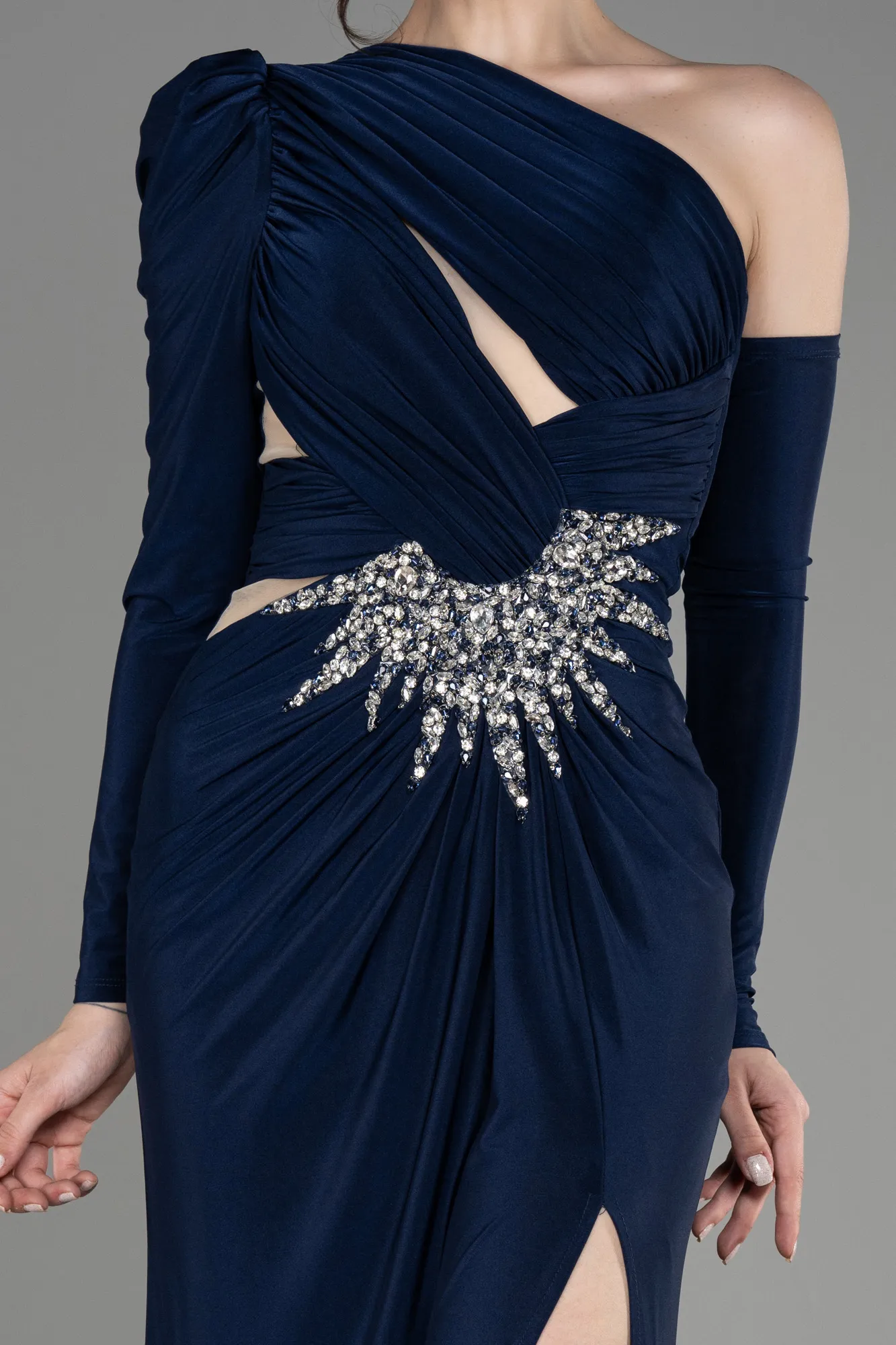 Navy Blue-One Sleeve Long Evening Dress ABU3851