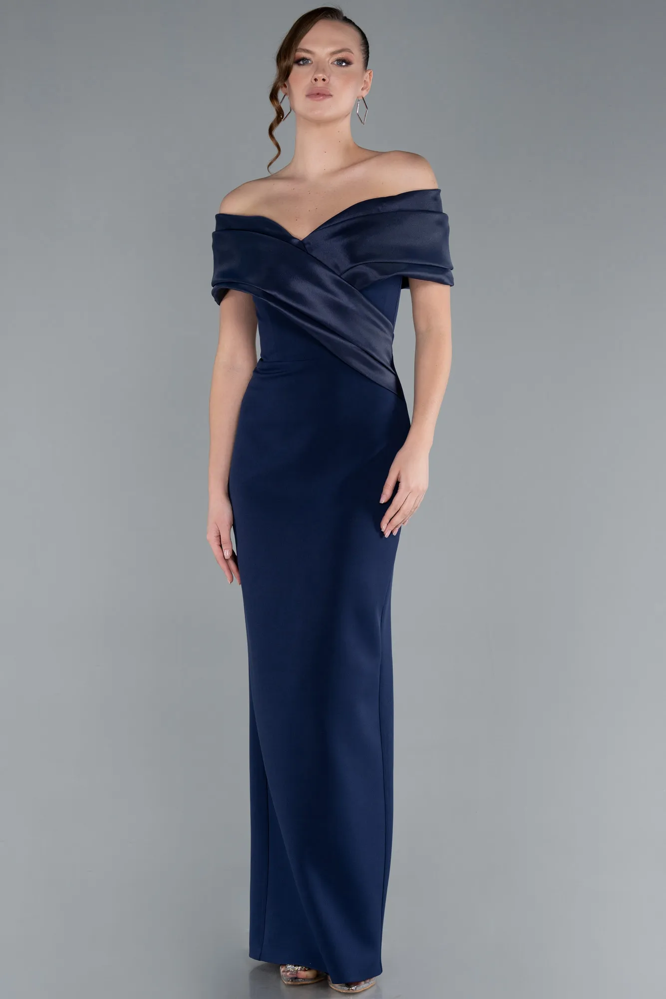 Navy Blue-Satin Boat Neck Long Mermaid Dress ABU4731