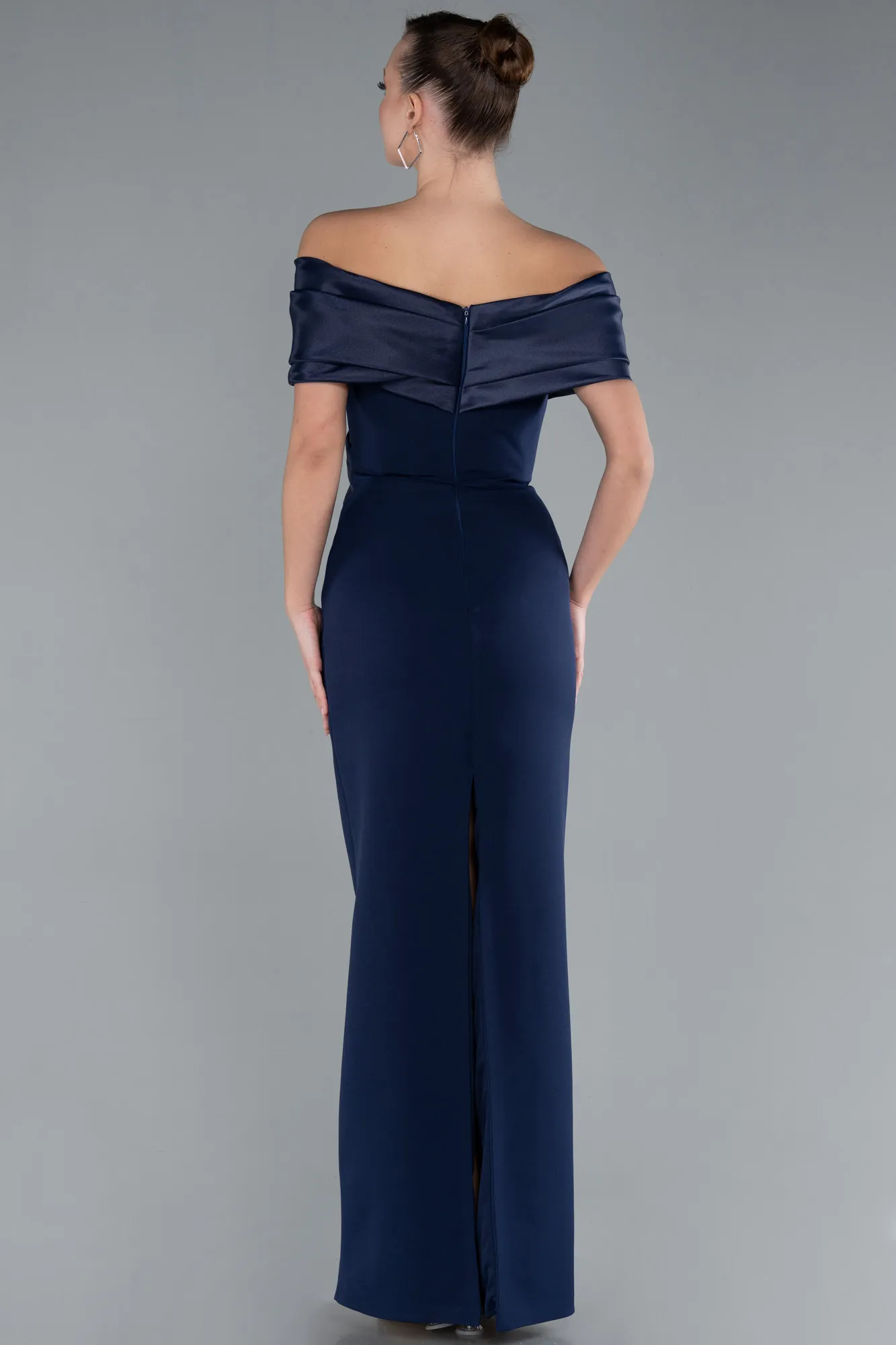 Navy Blue-Satin Boat Neck Long Mermaid Dress ABU4731