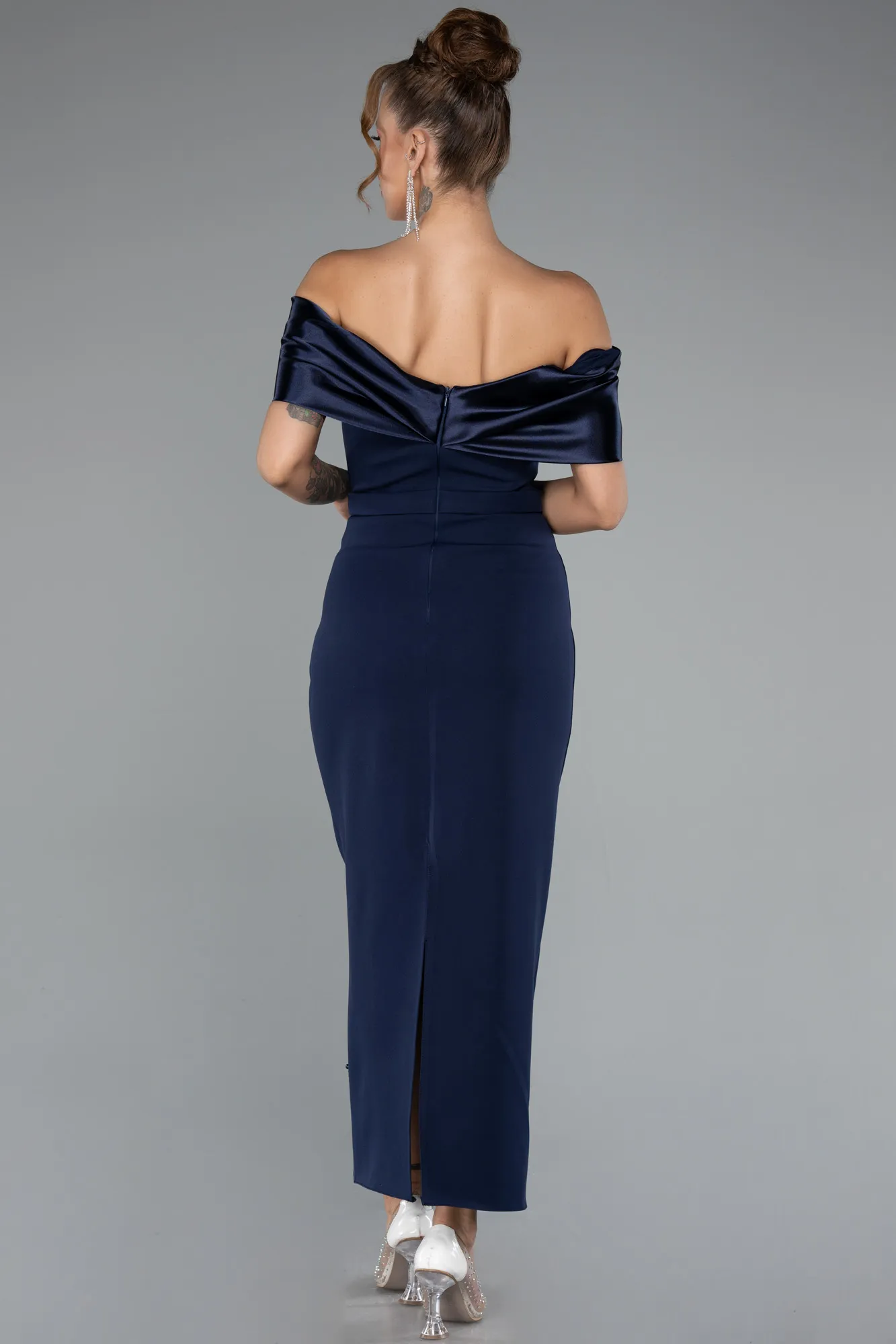 Navy Blue-Satin Boat Neck Stone Midi Evening Dress ABK2212