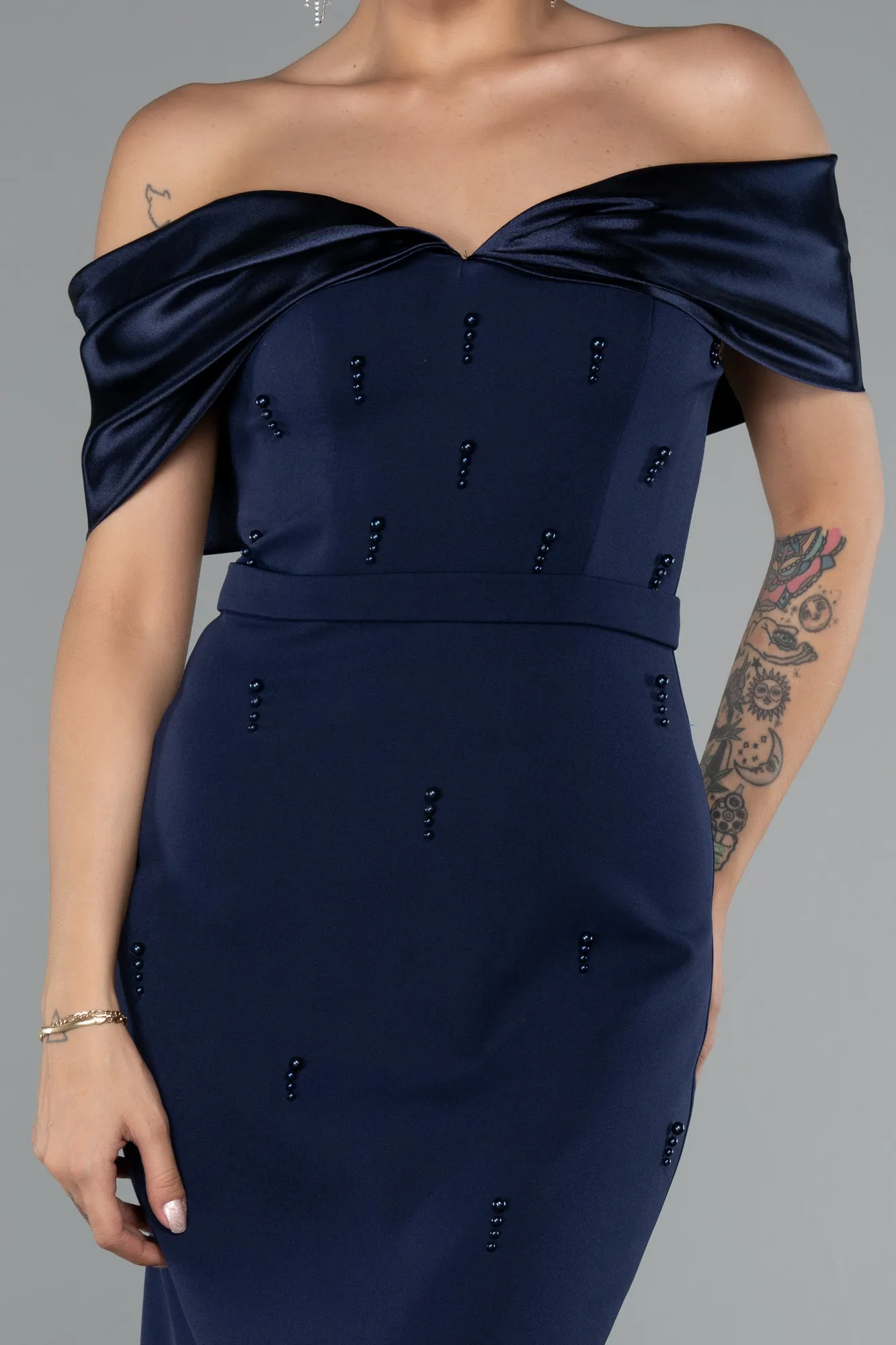 Navy Blue-Satin Boat Neck Stone Midi Evening Dress ABK2212