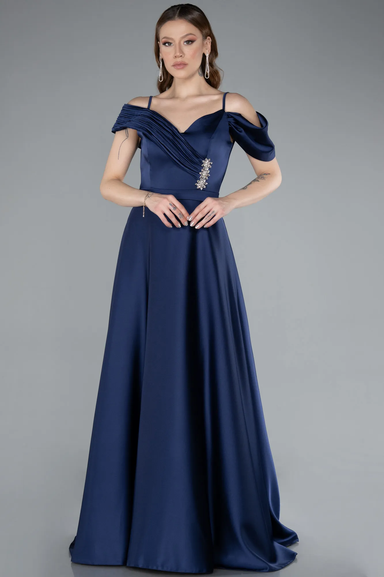 Navy Blue-Satin Off Shoulder Long Satin Evening Gown ABU4868