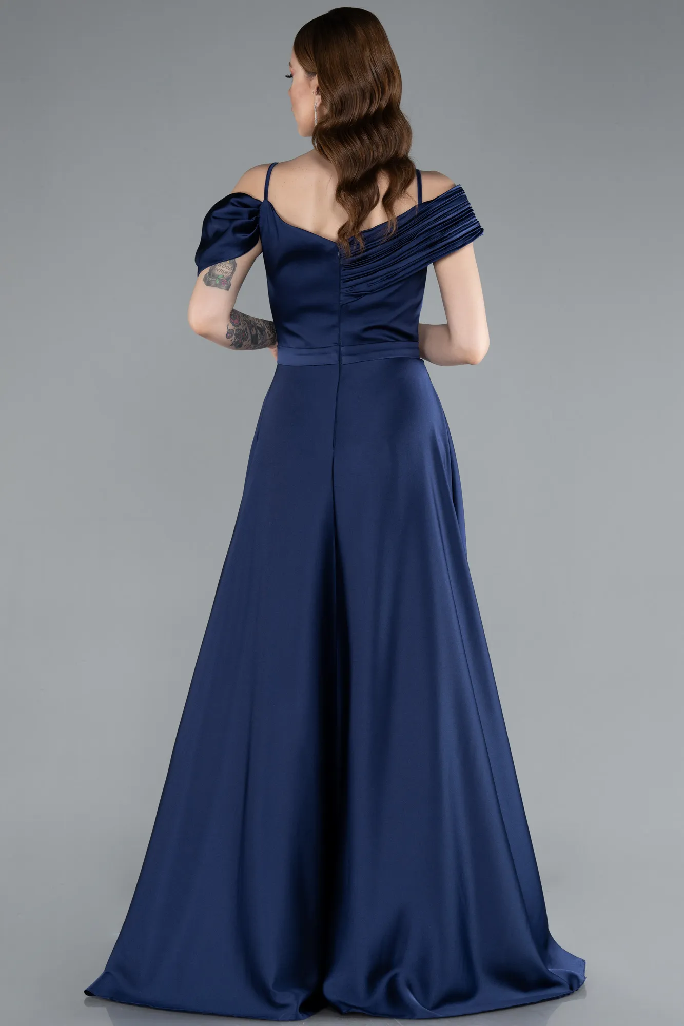 Navy Blue-Satin Off Shoulder Long Satin Evening Gown ABU4868