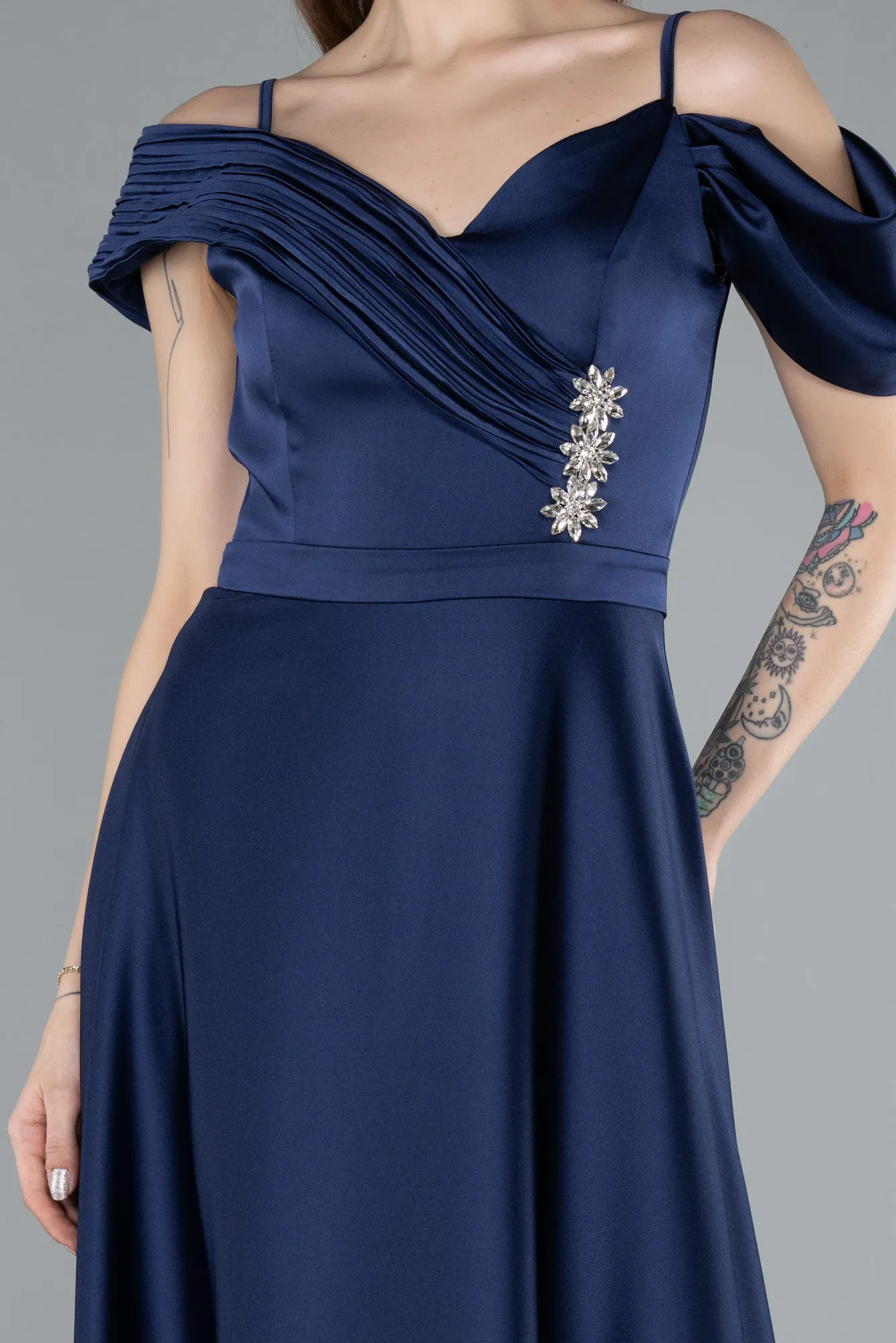 Navy Blue-Satin Off Shoulder Long Satin Evening Gown ABU4868