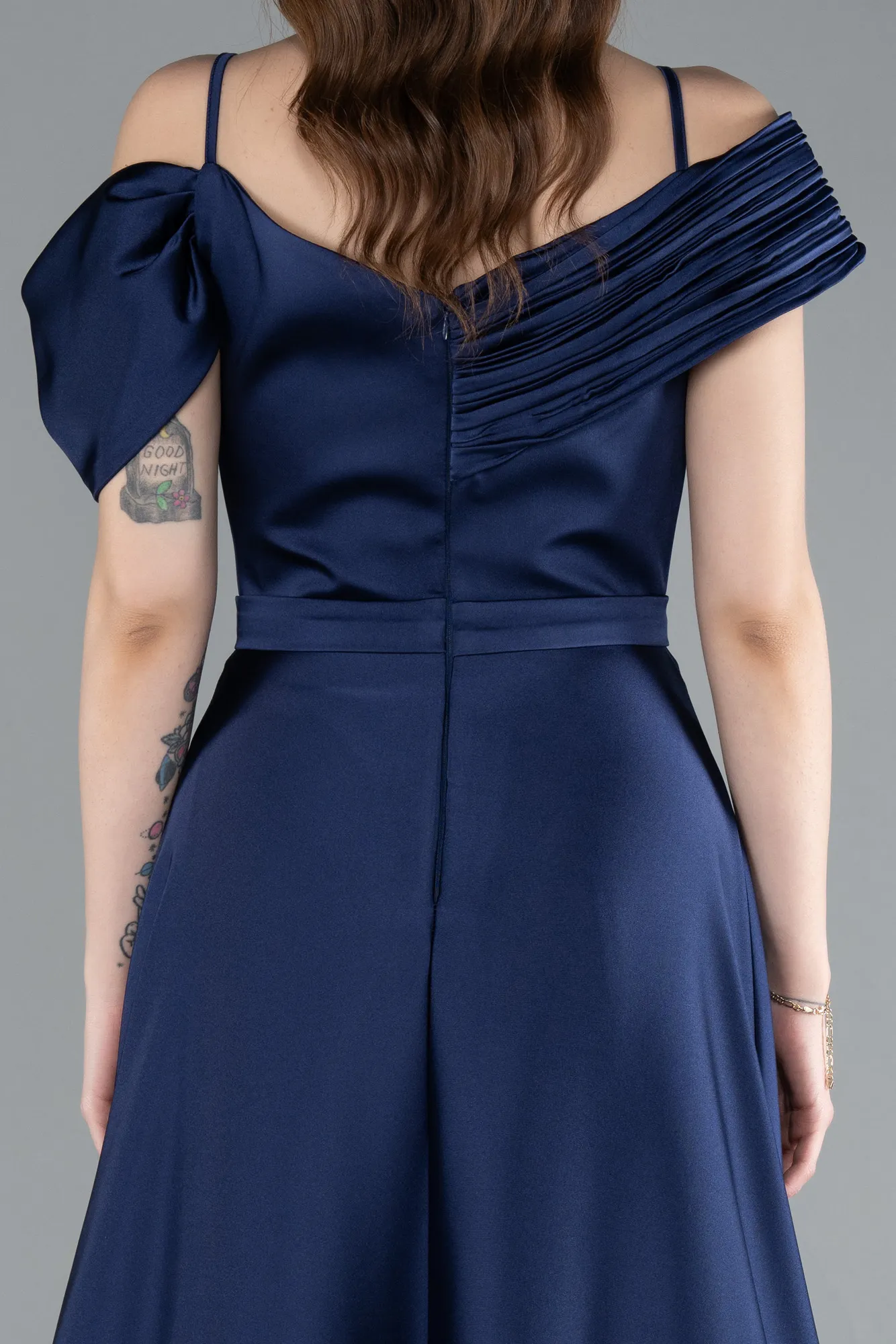 Navy Blue-Satin Off Shoulder Long Satin Evening Gown ABU4868