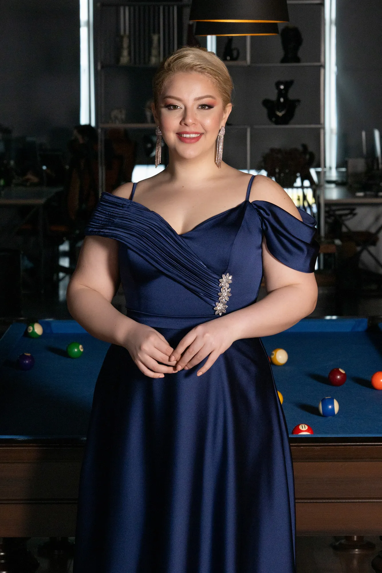 Navy Blue-Satin Off Shoulder Long Satin Plus Size Evening Gown ABU4869