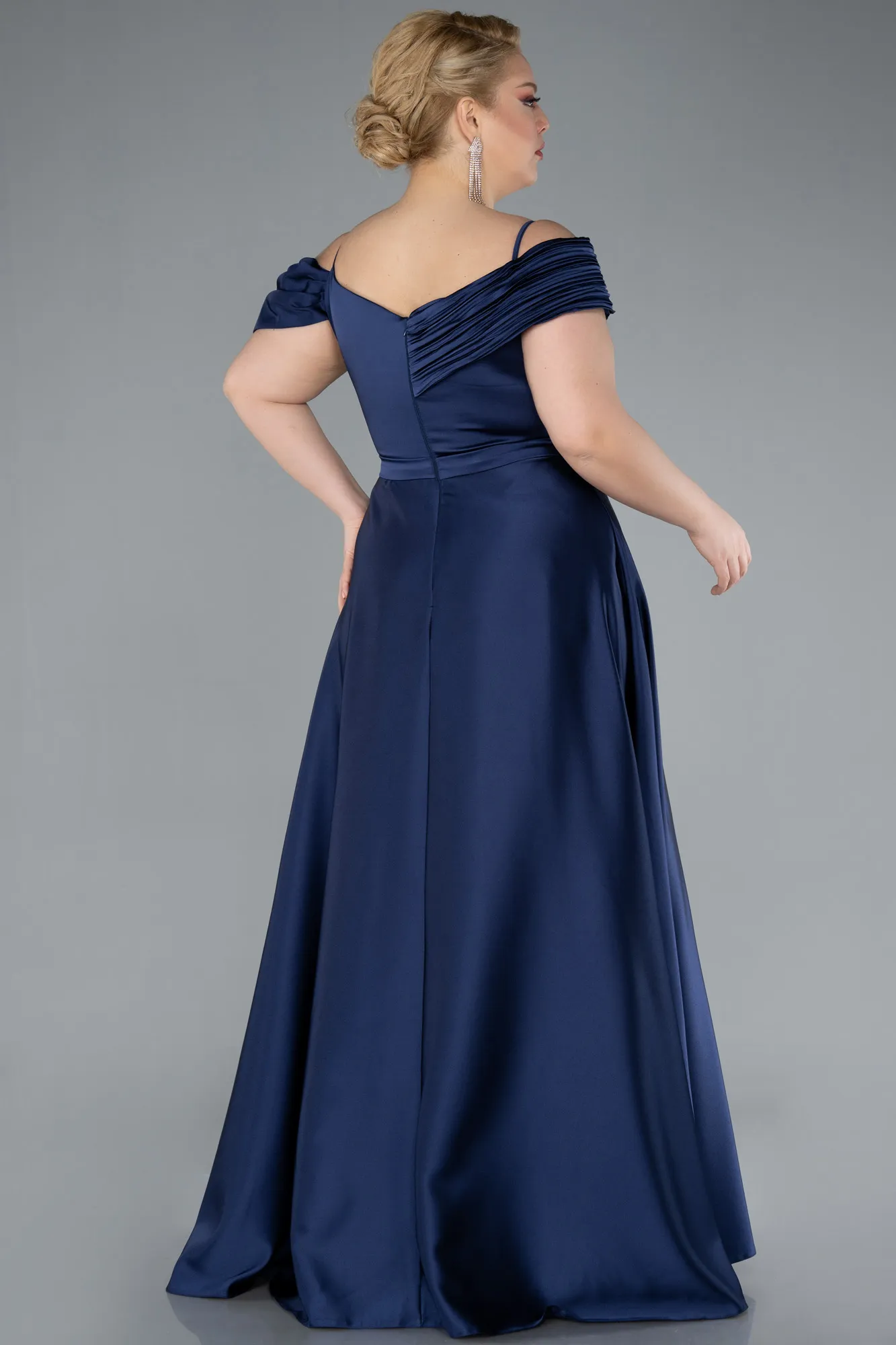 Navy Blue-Satin Off Shoulder Long Satin Plus Size Evening Gown ABU4869