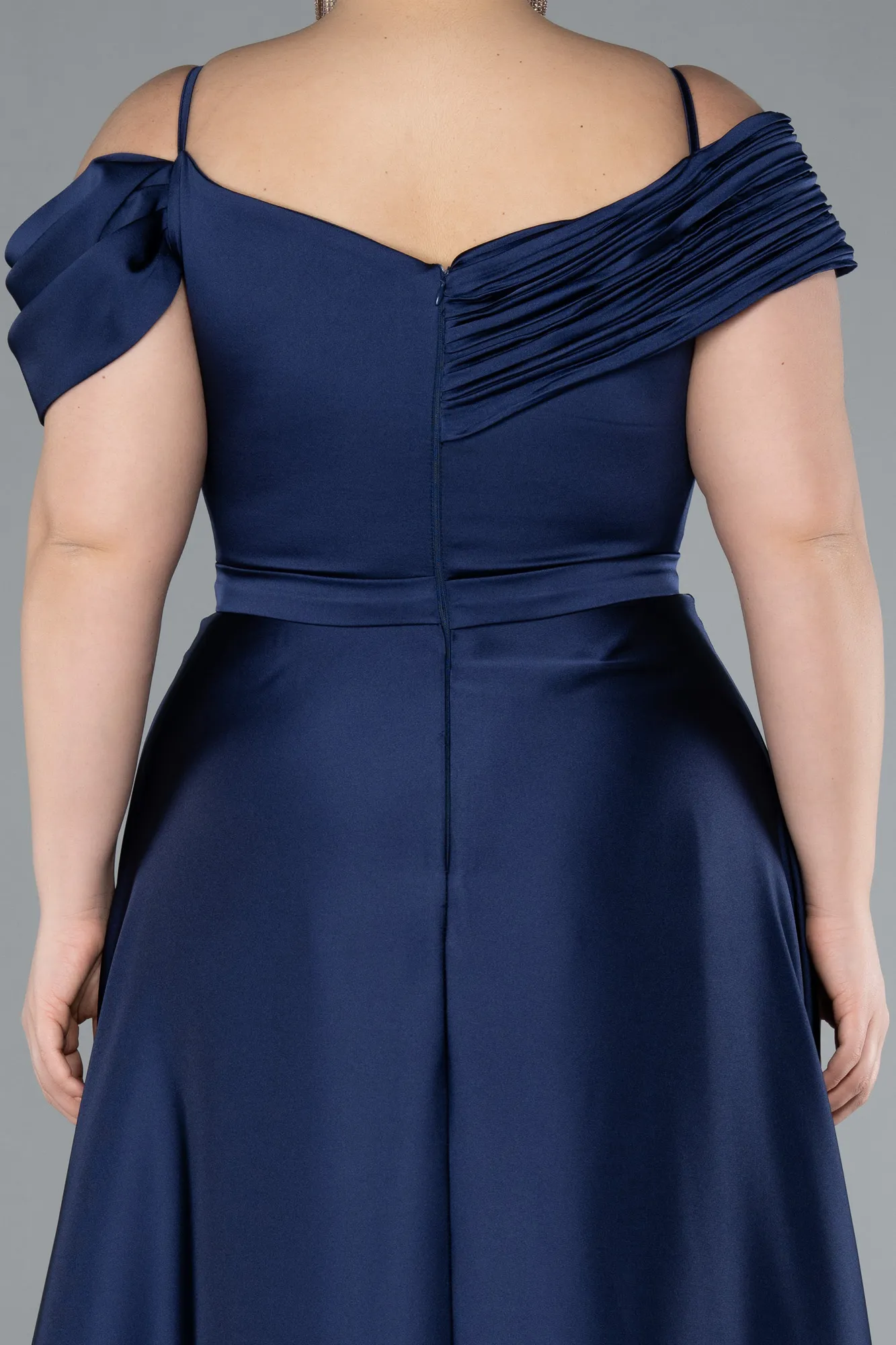 Navy Blue-Satin Off Shoulder Long Satin Plus Size Evening Gown ABU4869