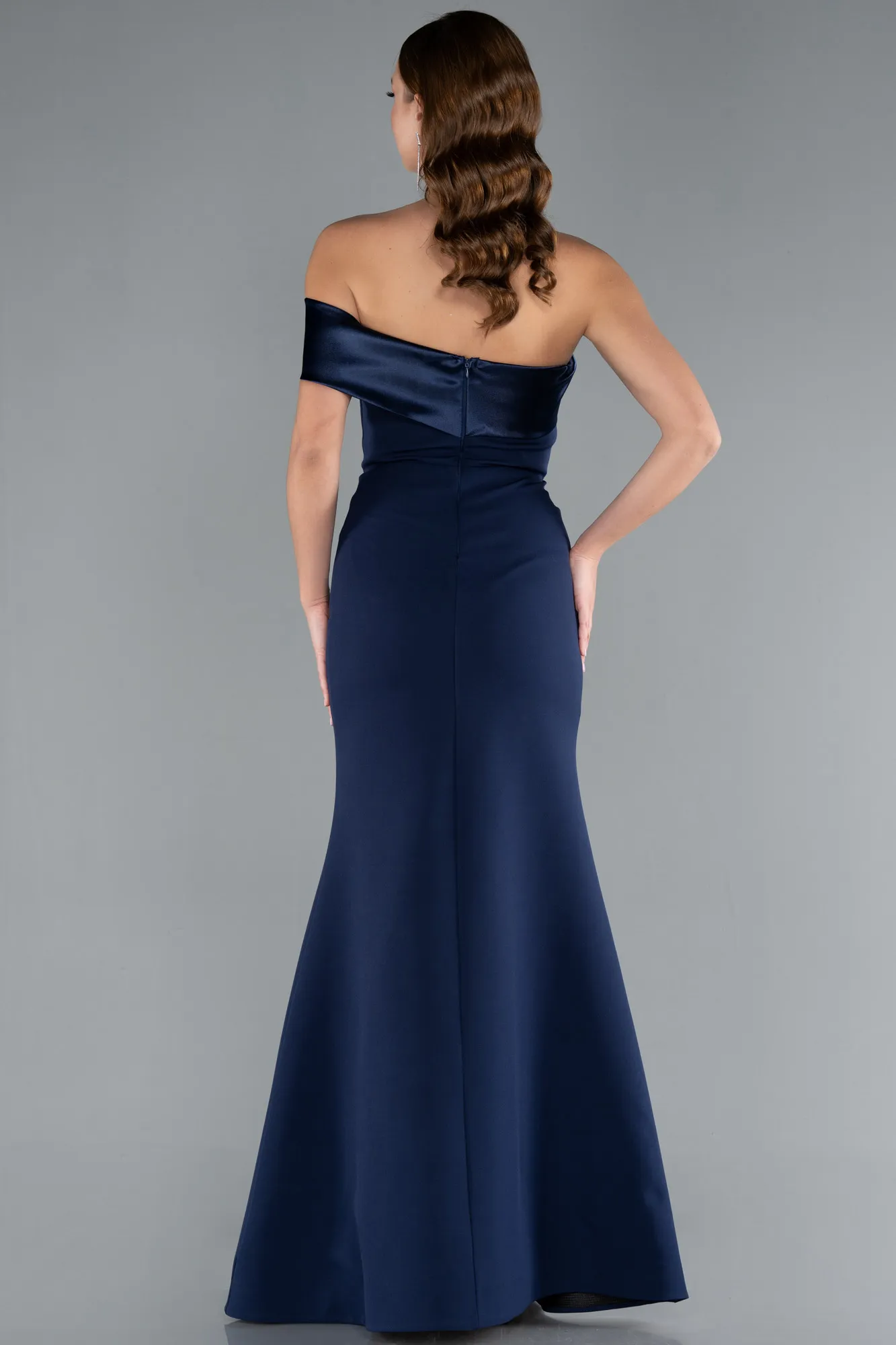 Navy Blue-Satin One Shoulder Long Mermaid Evening Gown ABU4832