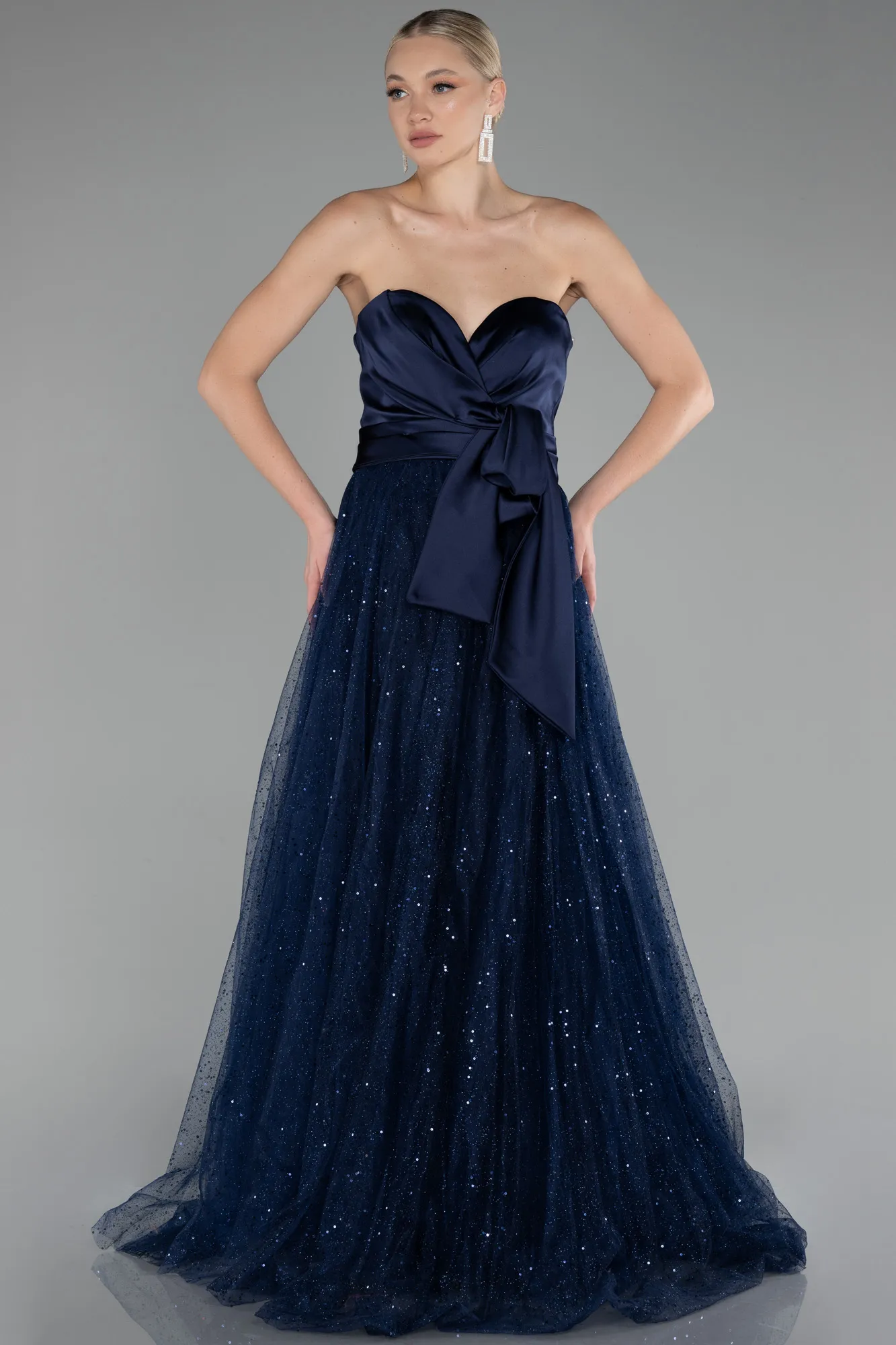 Navy Blue-Satin Strapless Neckline Long Glitter Evening Dress ABU4069