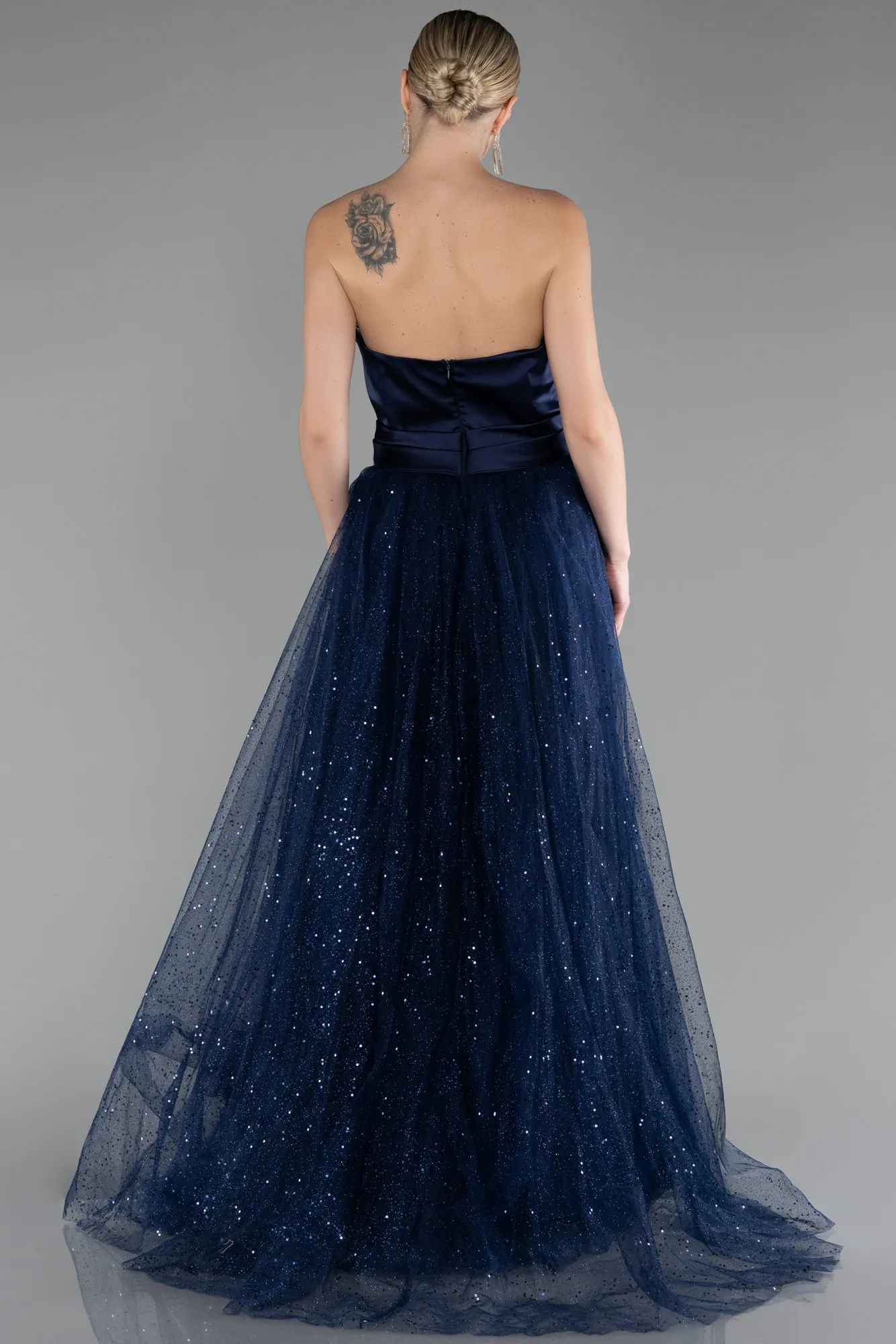 Navy Blue-Satin Strapless Neckline Long Glitter Evening Dress ABU4069