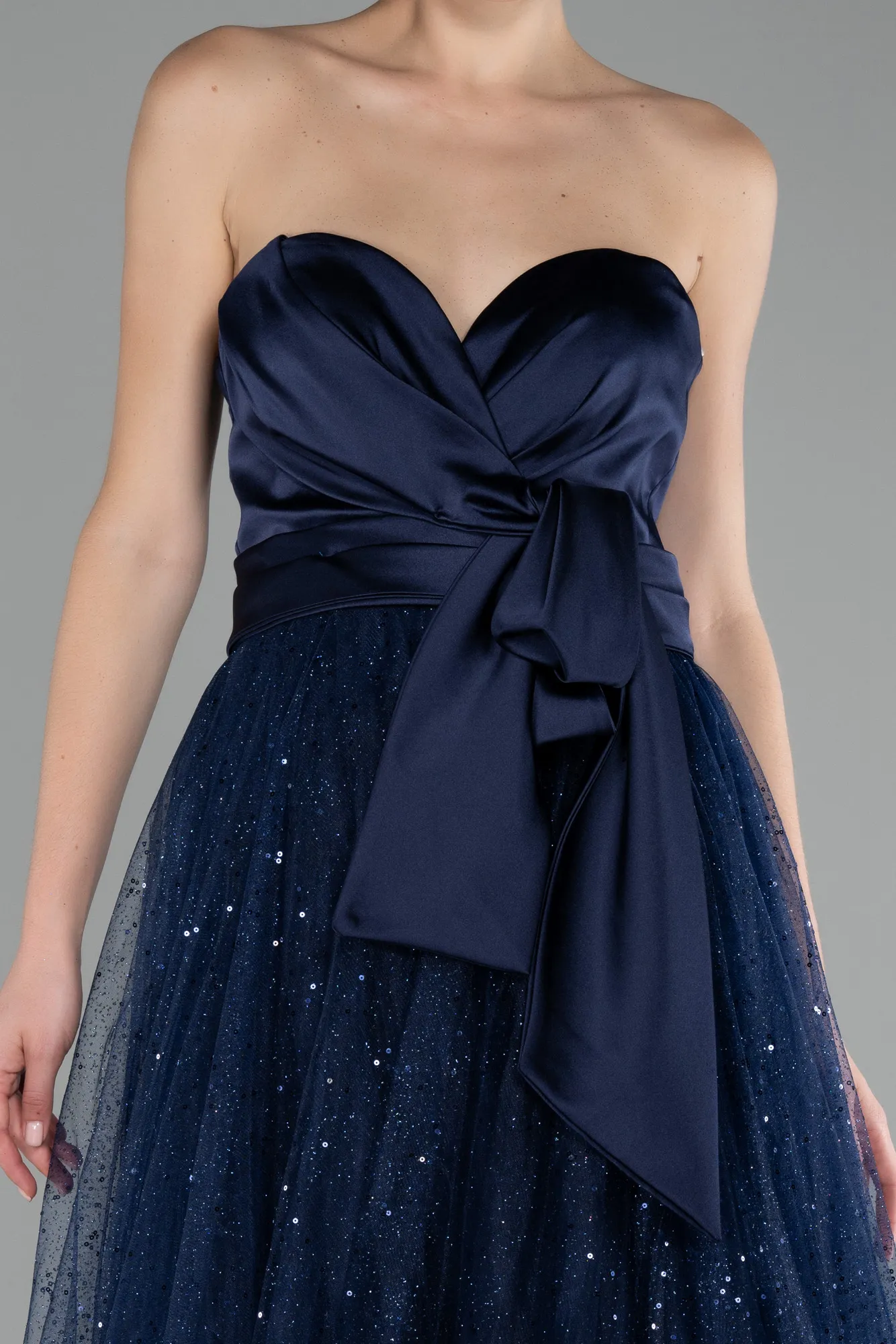 Navy Blue-Satin Strapless Neckline Long Glitter Evening Dress ABU4069