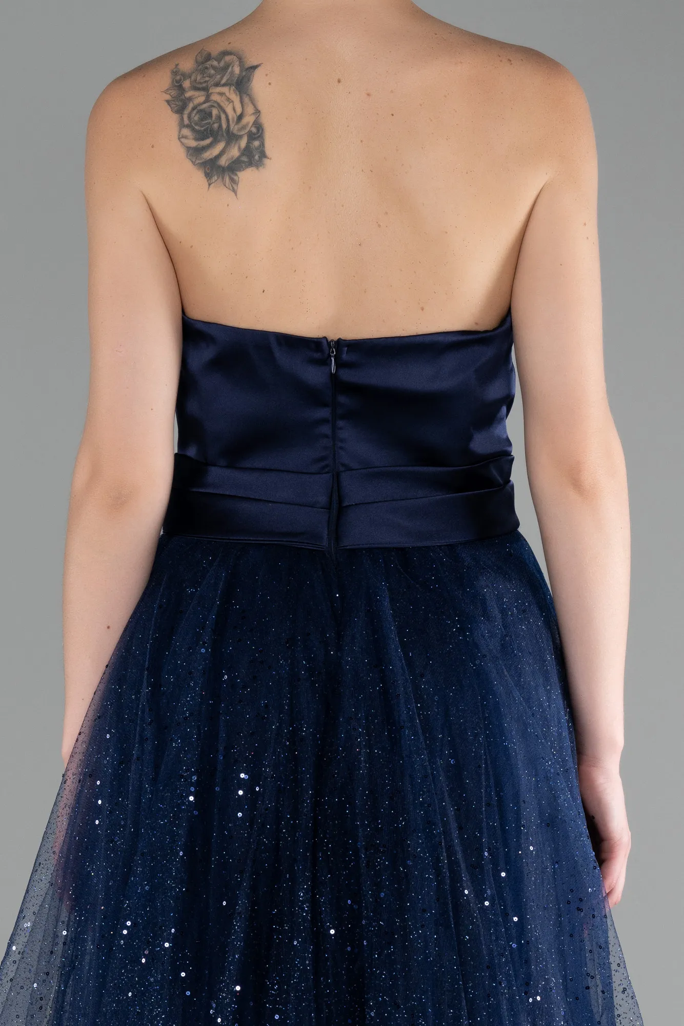 Navy Blue-Satin Strapless Neckline Long Glitter Evening Dress ABU4069