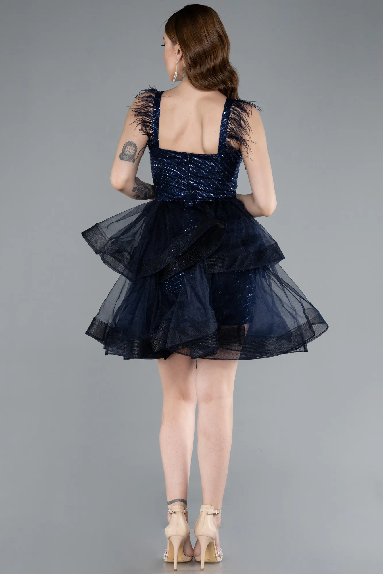 Navy Blue-Sequin Feather Straps Layered Tulle Mini Dress ABK2325