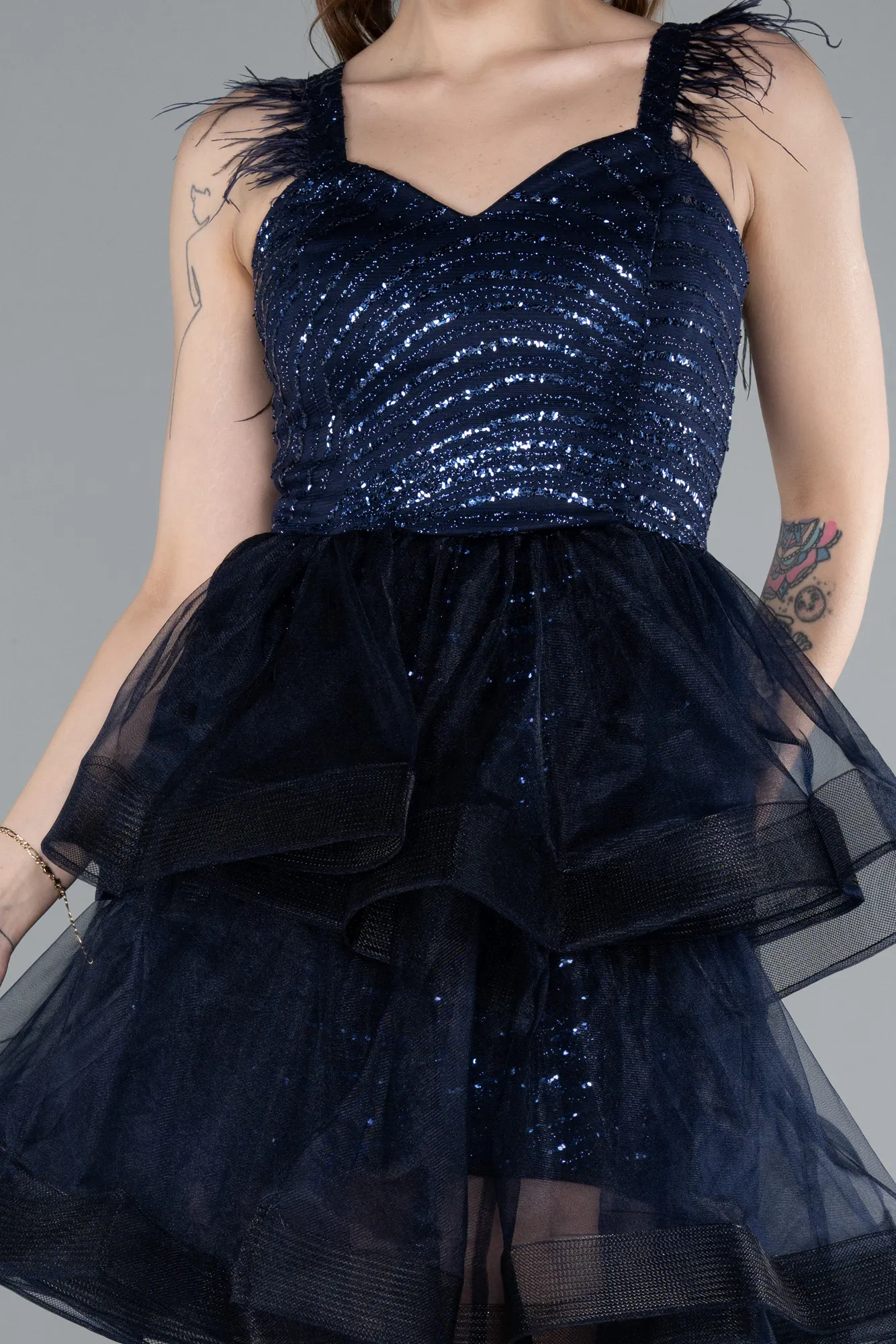 Navy Blue-Sequin Feather Straps Layered Tulle Mini Dress ABK2325